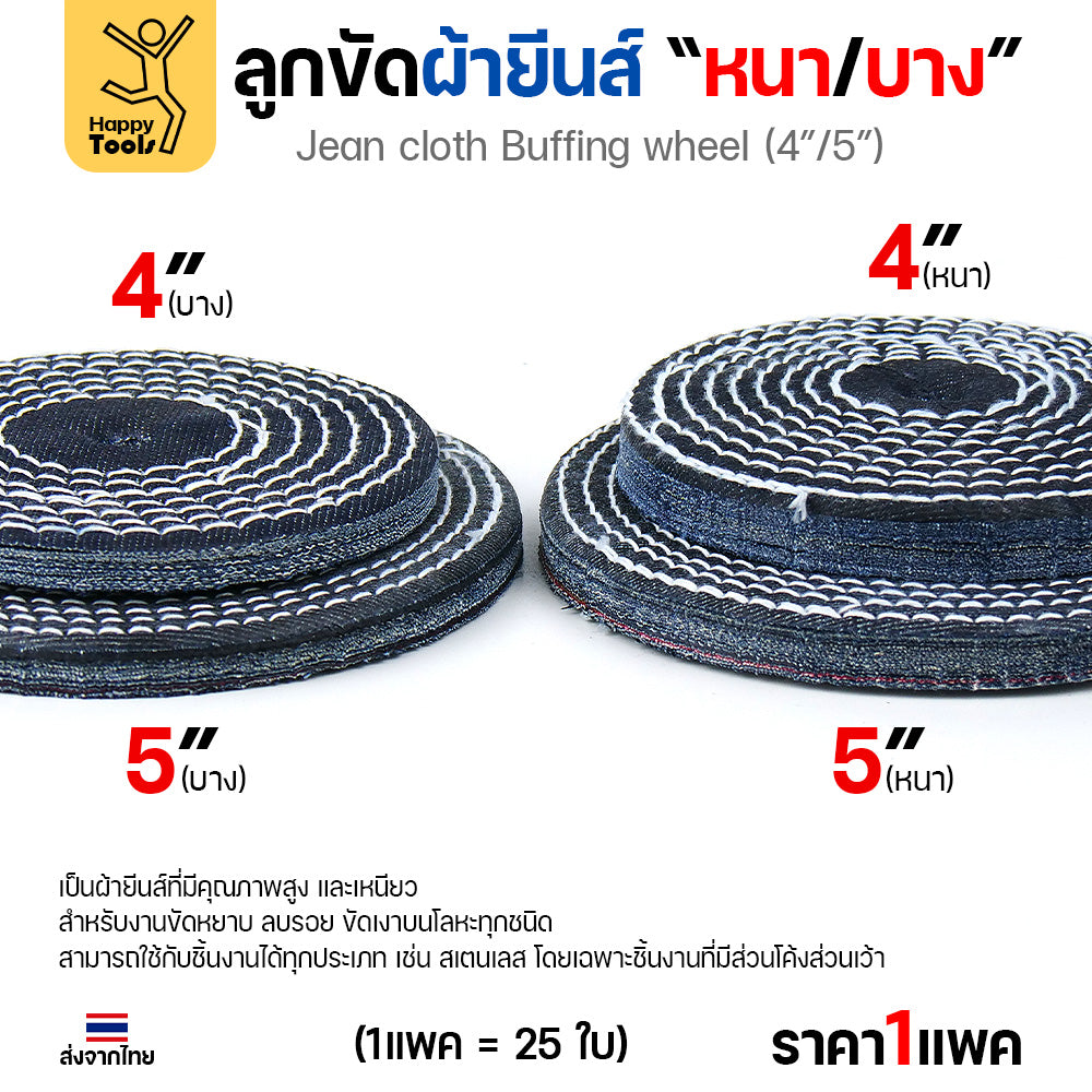 ลูกขัดผ้ายีนส์ ขัดเงาสแตนเลส ขัดเงาโลหะ ขัดเงาไว ลบรอยลึกเนียนกริบ ขนาด 4-5 นิ้ว มีทั้งแบบหนาและบาง