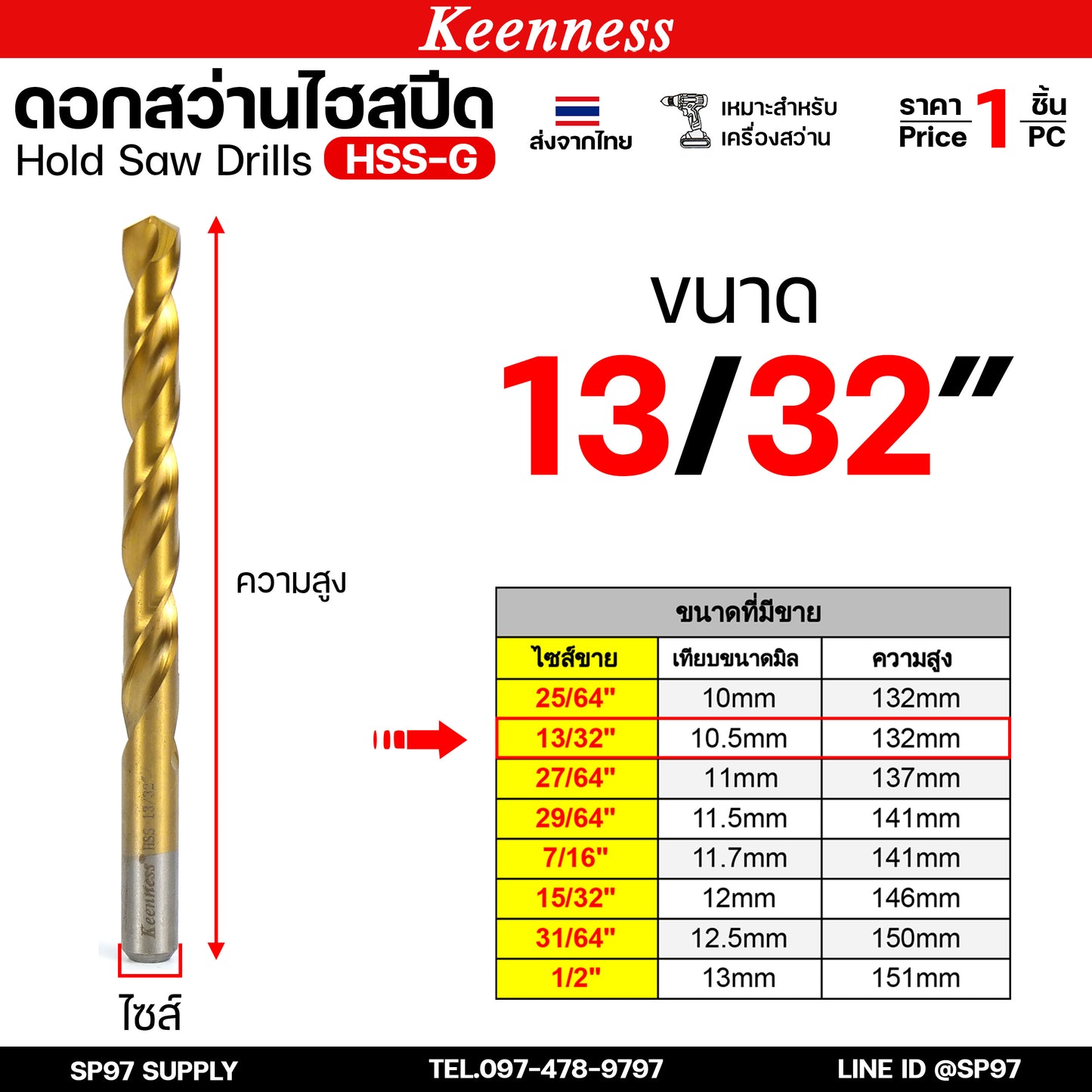 Keenness ดอกสว่านเจาะเหล็ก ดอกสว่านไฮสปีด ดอกสว่าน เจาะสแตนเลส ดอกสว่านเหล็กไฮสปีด มีขนาด 25/64-1/2 (1ชิ้น)