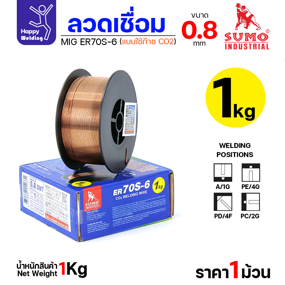 SUMO ลวดเชื่อม MIG CO2 ER70S-6 0.8mm (ม้วนละ 1โล แบบใช้แก๊ส)