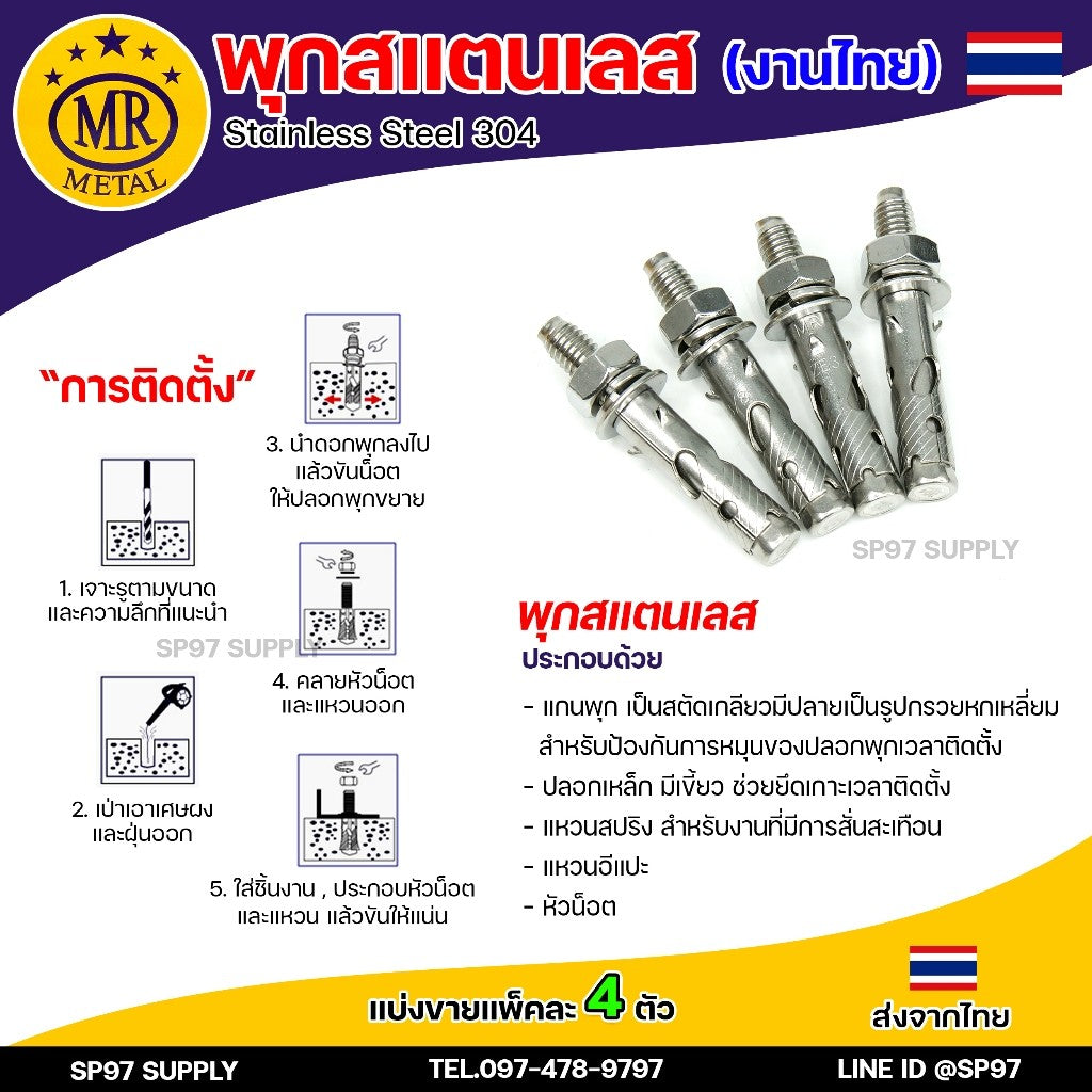 (แบ่งขาย4ตัว) ขนาด M6 หรือ 1/4" (2 หุน) MR Metal พุกสแตนเลส พุกไทย เกรด304 ดี ไม่เป็นสนิม