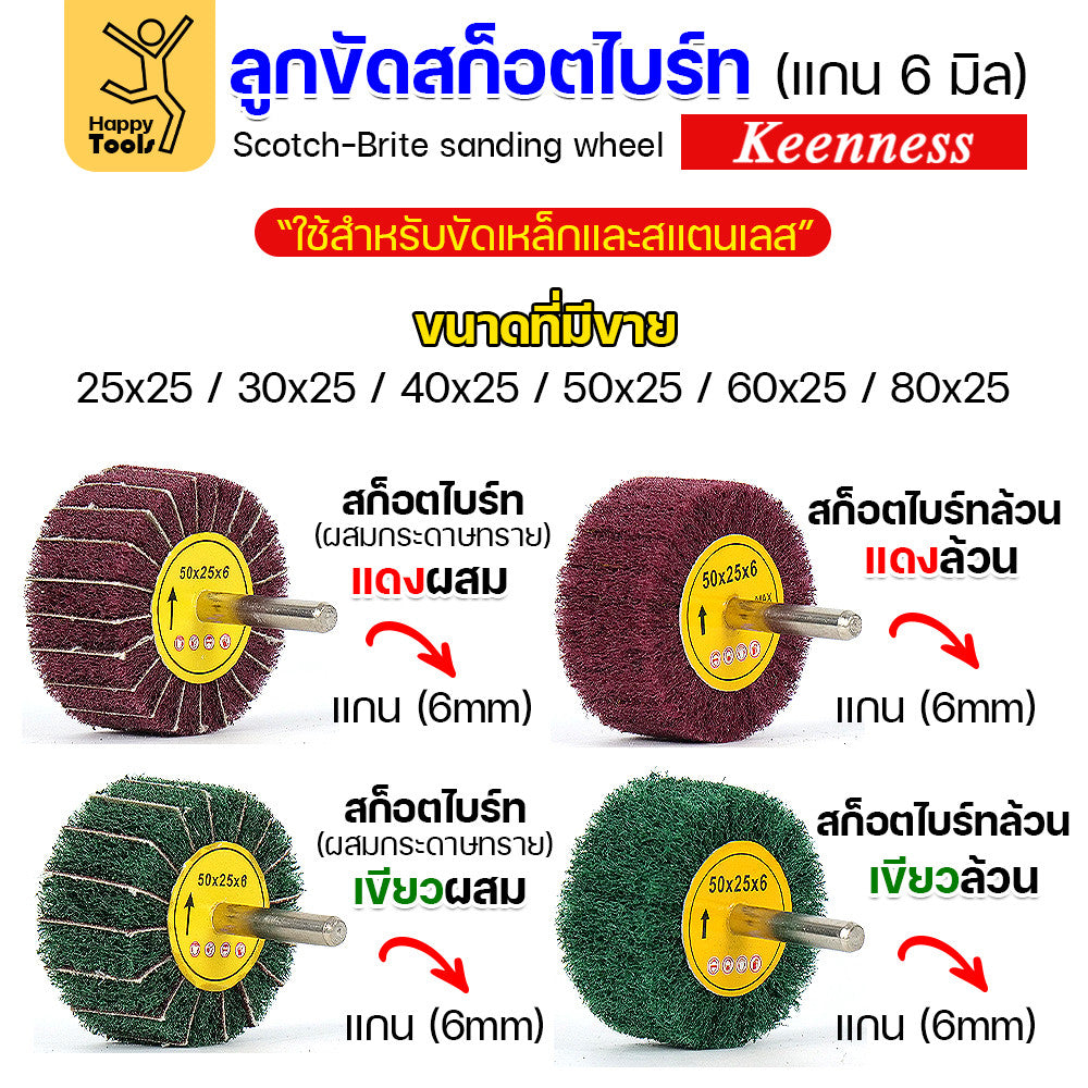 (มีราคาส่ง) ล้อทรายผสมสก็อตไบร์ท สีแดง แบบมีแกน 6mm ขนาดกว้าง 50มิล หนา 25มิล (50x25)