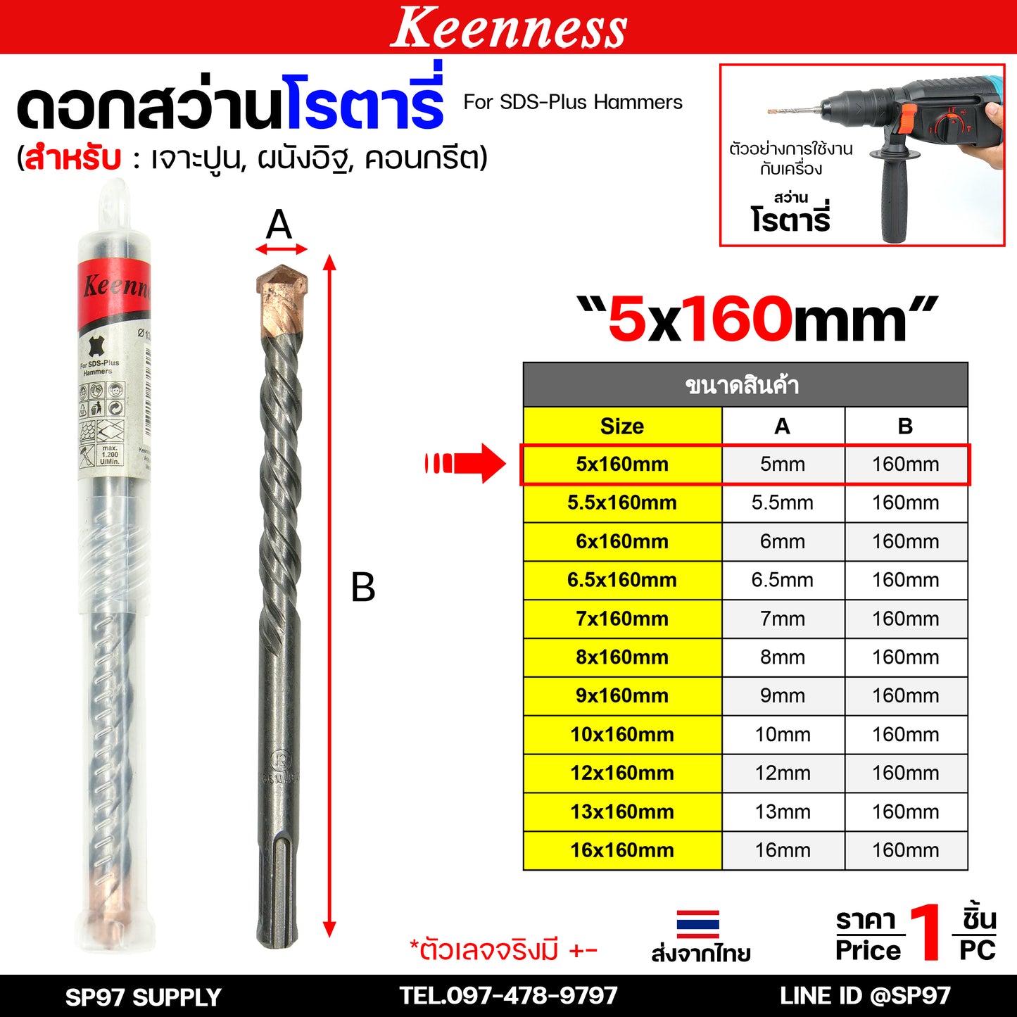 Keenness ดอกสว่านโรตารี่ ดอกโรตารี่ ดอกสว่าน ดอกสว่านเจาะปูน เจาะคอนกรีต ดอกเจาะผนังอิฐ ขนาด ยาว 160 มิล (1ดอก)