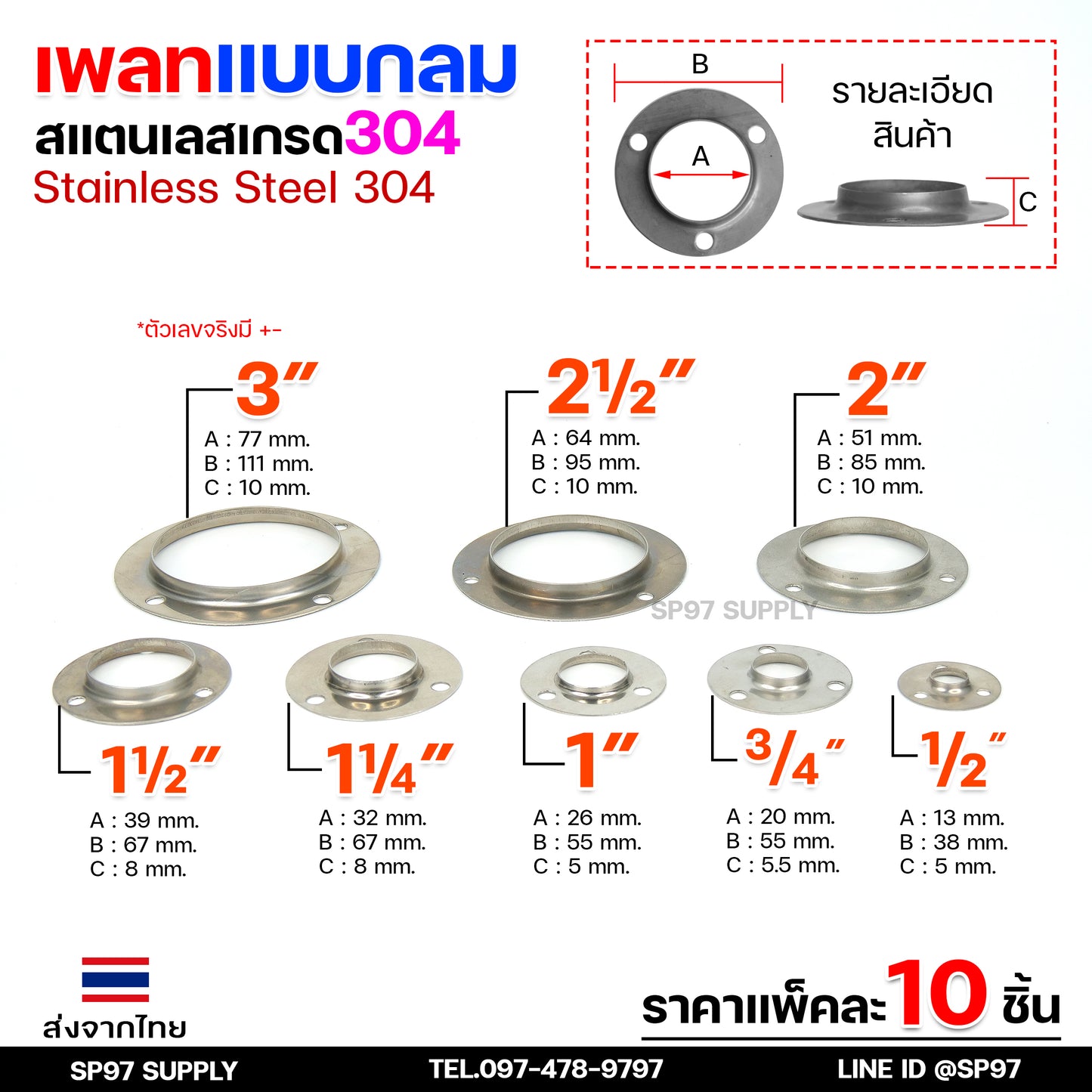 (แพค10ชิ้น) เพลทกลม เพลทสแตนเลส แป้นเพลท แป้นยึด ขนาด 1/2"- 3" สแตนเลส เกรด 304 (เลือกได้จากตัวเลือกสินค้า)