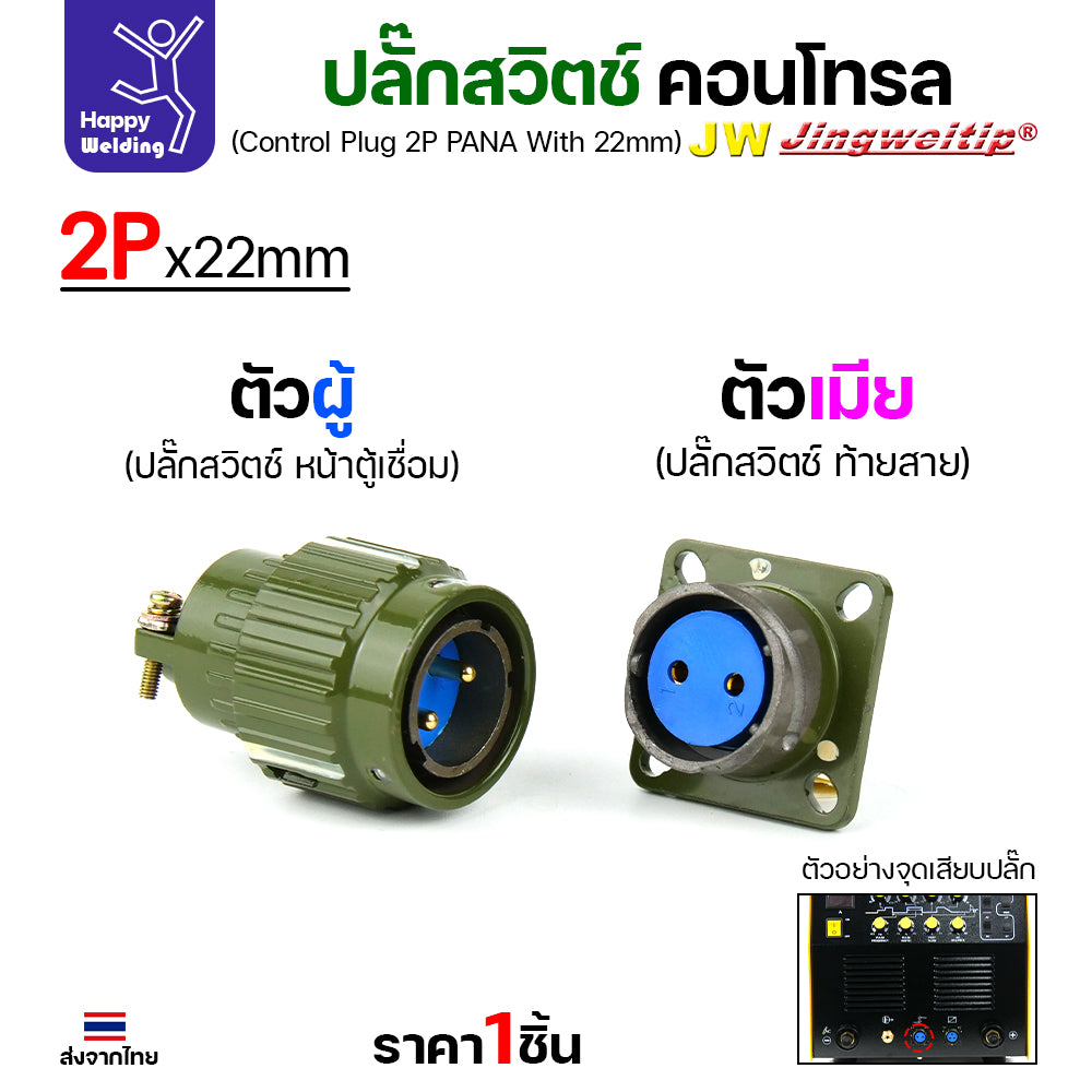 (อะไหล่ตู้เชื่อม)ข้อต่อสวิตช์ปลั๊ก สีเขียว หน้าตู้เชื่อม 2ขา สำหรับตู้เชือมอาร์กอนรุ่นกลาง พวก250PACDC (Air plug 2 ขา สีเขียว)