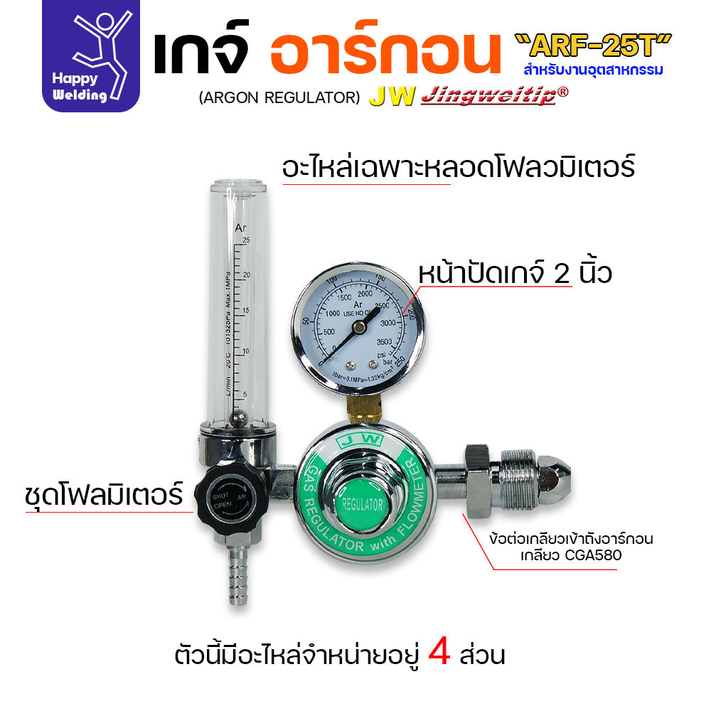 อะไหล่เกจ์อาร์กอน JW รุ่น ALF-25T (Argon Gauge Spare Parts) ชุดโฟลว์มิเตอร์ หน้าปัดวัดแรงดัน และตัวต่อวาวล์ถัง