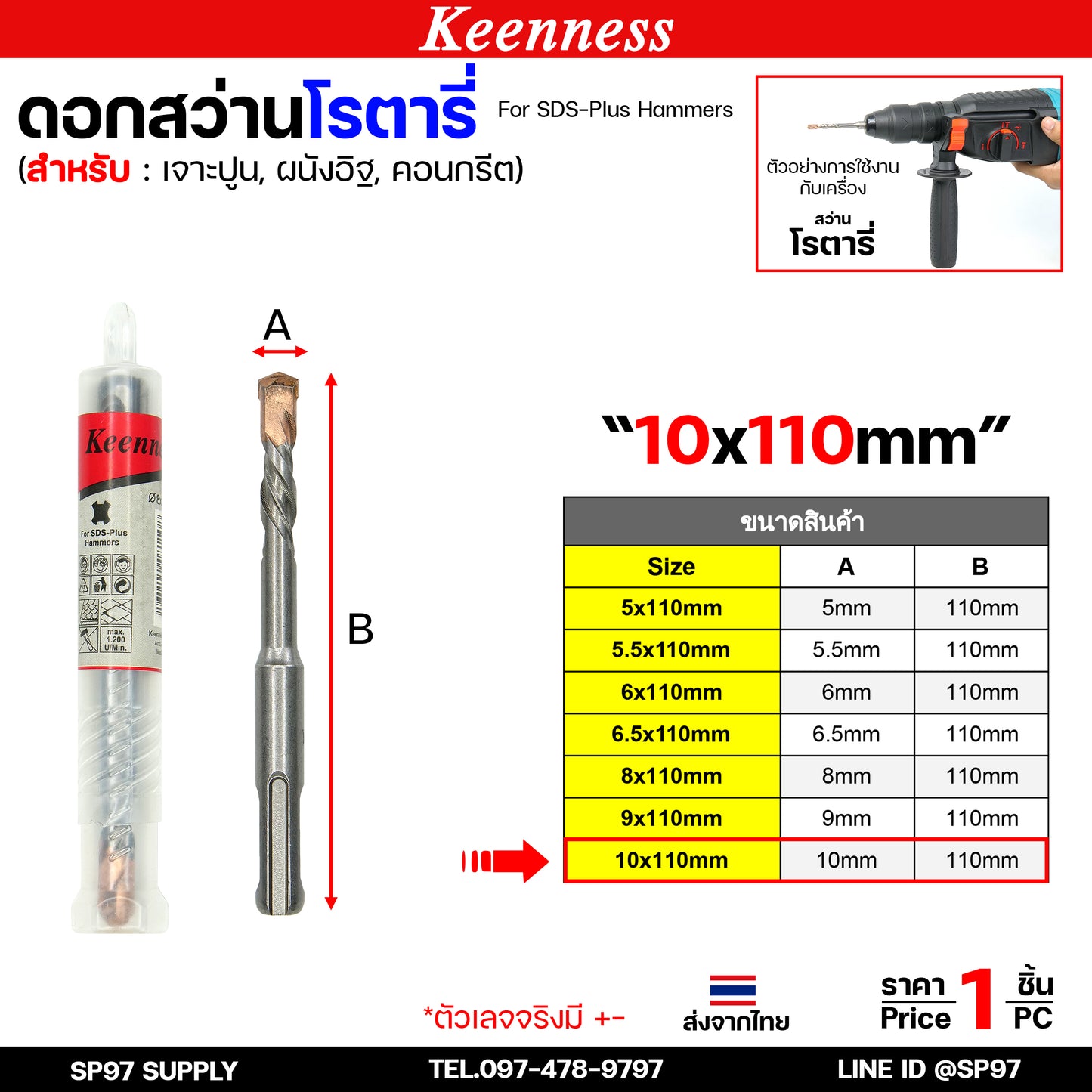 Keenness ดอกสว่านโรตารี่ ดอกโรตารี่ ดอกสว่าน ดอกสว่านเจาะปูน เจาะคอนกรีต ดอกเจาะผนังอิฐ ขนาด 5-16 มิล (1ดอก)