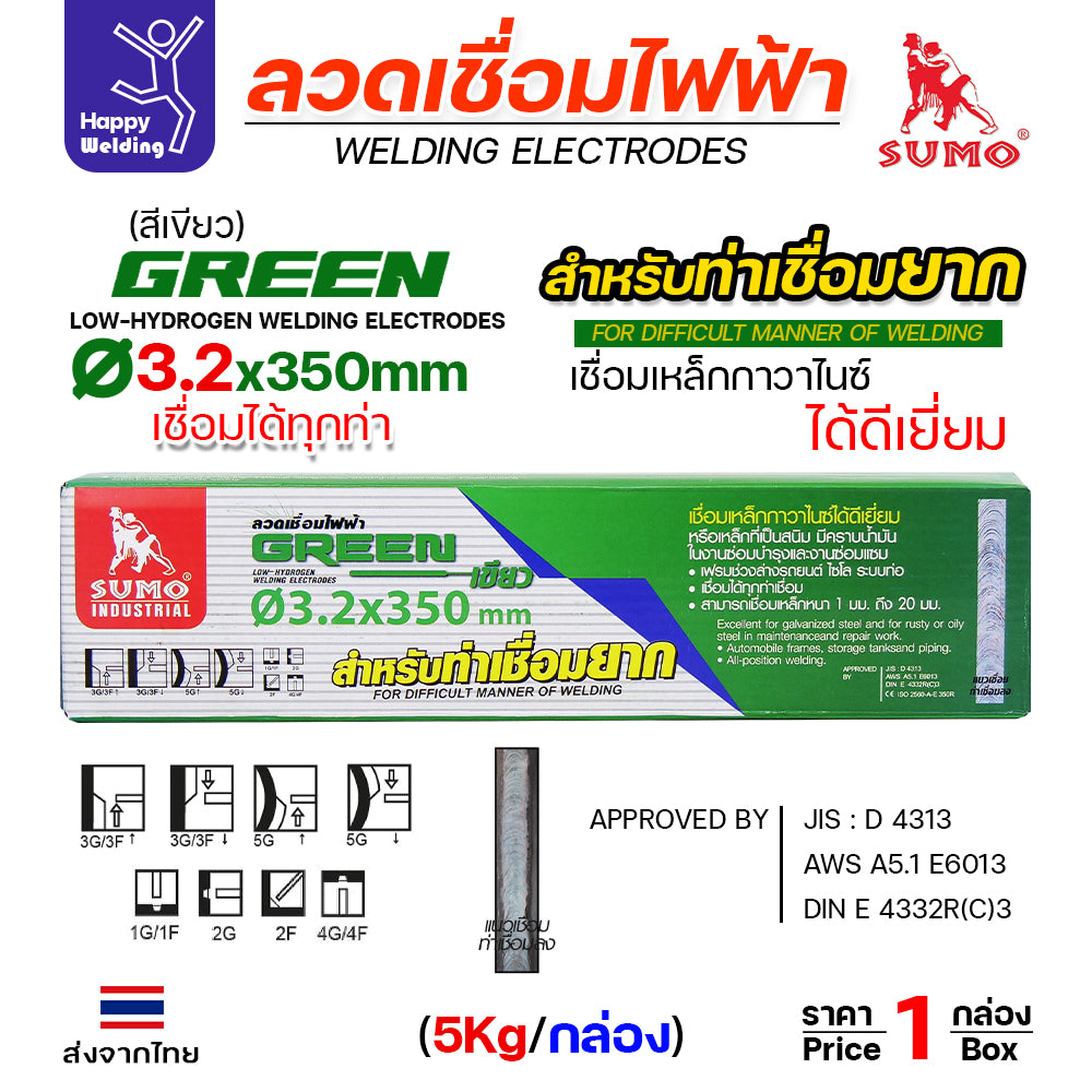 SUMO ลวดเชื่อมไฟฟ้า สีเขียว หุ้มฟลักช์ไททาเนียม ฟลักช์เหนียว ควันน้อย เชื่อมท่ายากได้ (E6013)