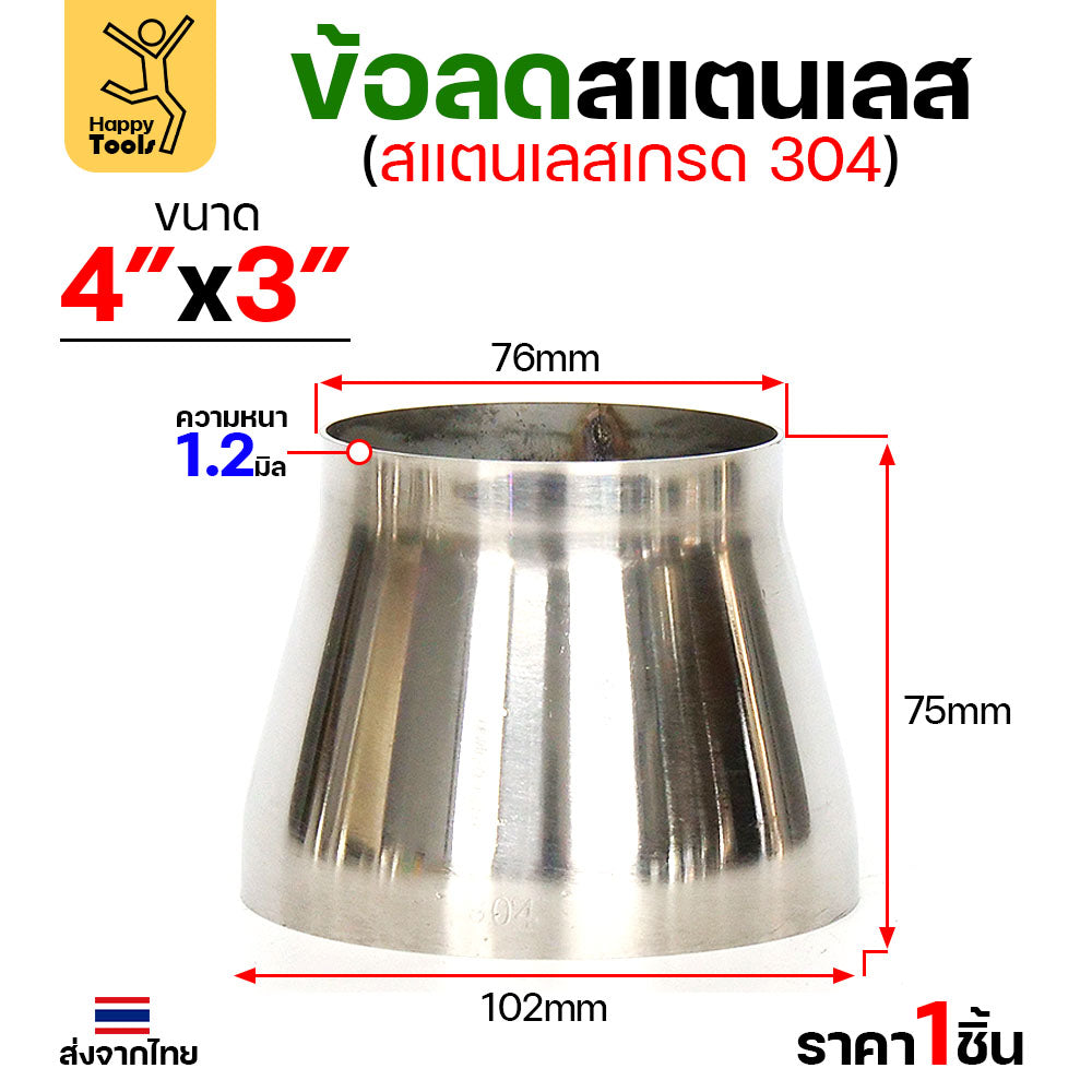 ข้อลด ข้อต่อ ผิวเงา สแตนเลส เกรด 304 หนา1.2 มิล มีขนาด 4x3, 3x2.5, 3x2, 2.5x2, 2x1.5 และ 1.5x1 เลือกขนาดต่างๆ ได้