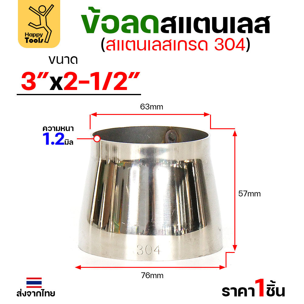 ข้อลด ข้อต่อ สแตนเลส เกรด304 ขนาด 3 นิ้วไป 2-1/2 นิ้ว หนา1.2มิล ผิวเงา งานเฟอร์นิเจอร์ลดขนาดท่อ มีของพร้อมส่ง