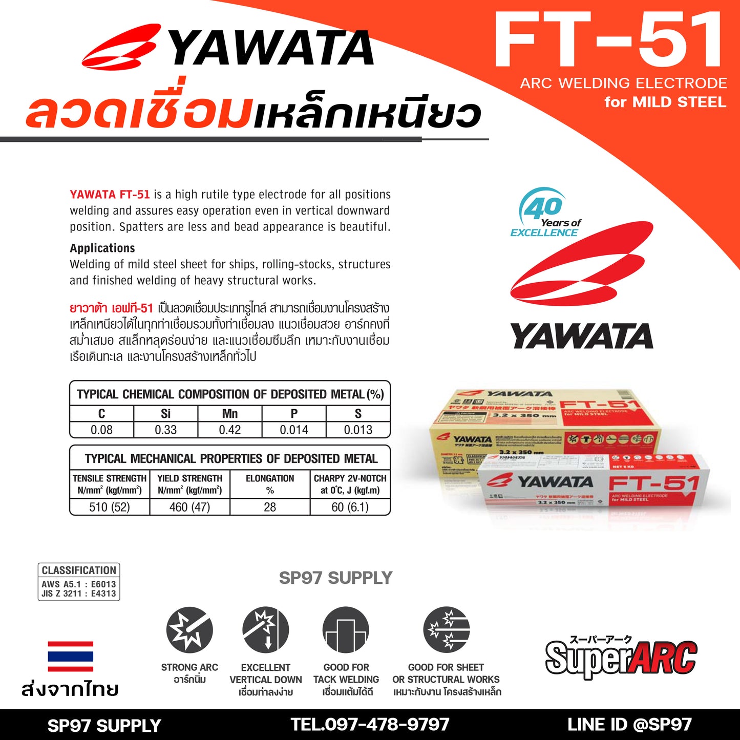(ยกกล่องรวมVAT) Yawata ยาวาต้า FT51 ลวดเชื่อมไฟฟ้า ลวดเชื่อม เหล็กเหนียว สูตรญี่ปุ่น ครบทุกไซส์ ห่อละ 2กิโล-5กิโล
