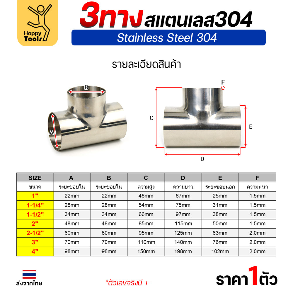 ข้อต่อ 3ทาง สามทาง สแตนเลส เกรด304 แบบหนา อย่างดี ใช้เพื่อเชื่อมต่อกับชิ้นงาน ขนาดวัด OD นอก (ราคา 1ตัว)