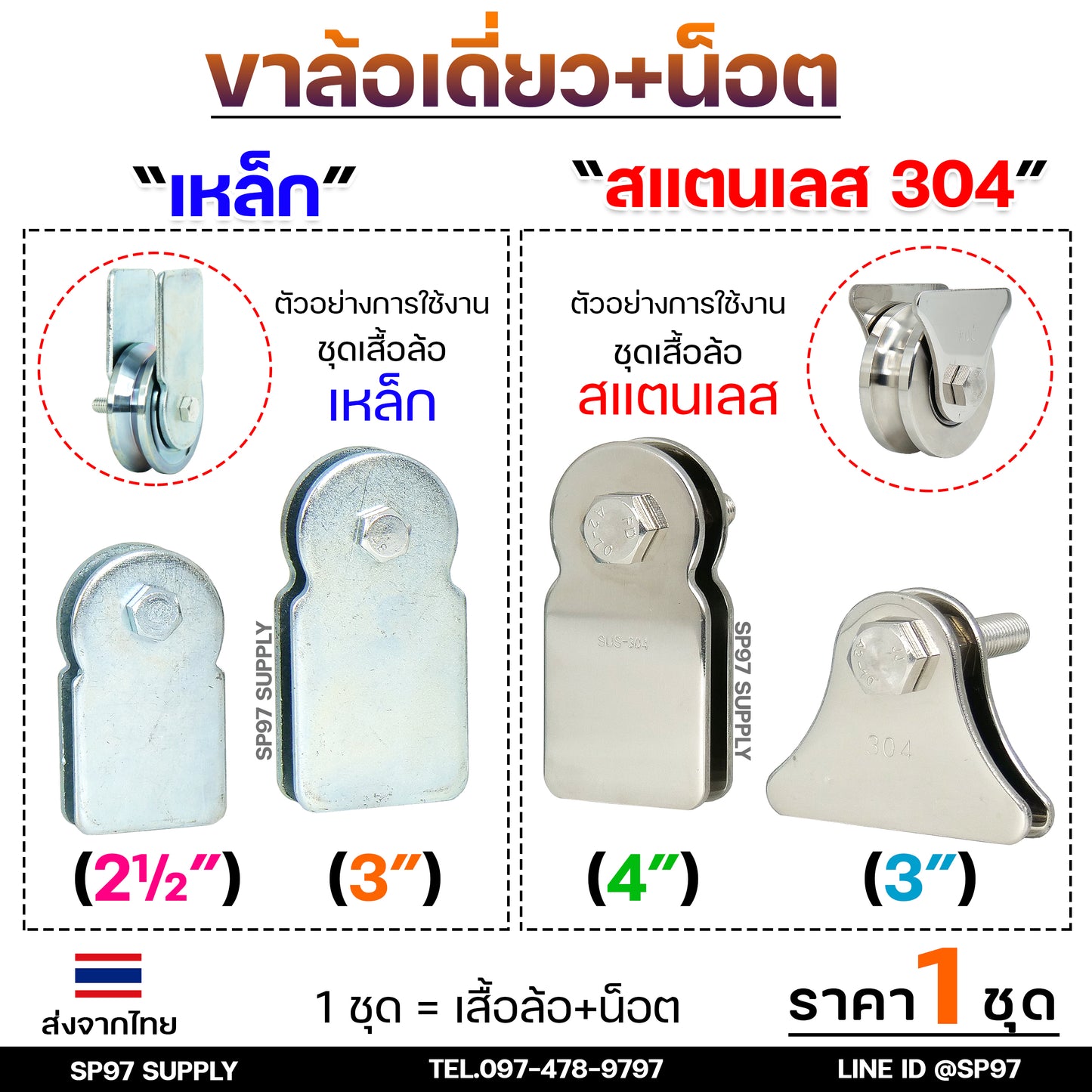 รวม เฉพาะ ขาล้อเดี่ยว+พร้อมนอต เหล็ก สแตนเลส สำหรับล้อ ขนาด 2.5 ,3 ,4 นิ้ว ใช้กับ ล้อประตู เหล็ก สแตนเลส (1 ชุด)
