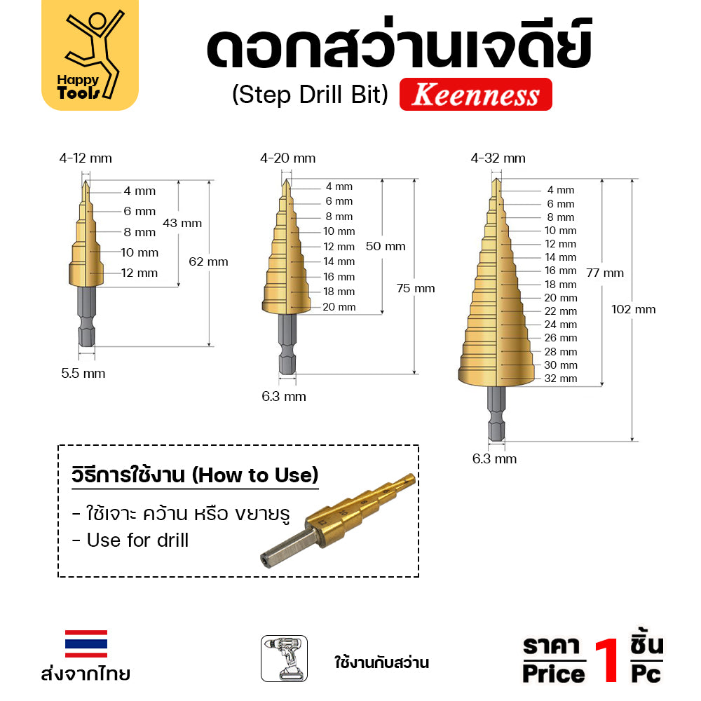 Keenness ดอกสว่านสเต็บ 4-20mm ดอกสว่านทรงเจดีย์ ดอกสว่านเจดีย์ สีทองเคลือบไทเทเนียม เจาะเหล็ก เจาะสแตนเลส