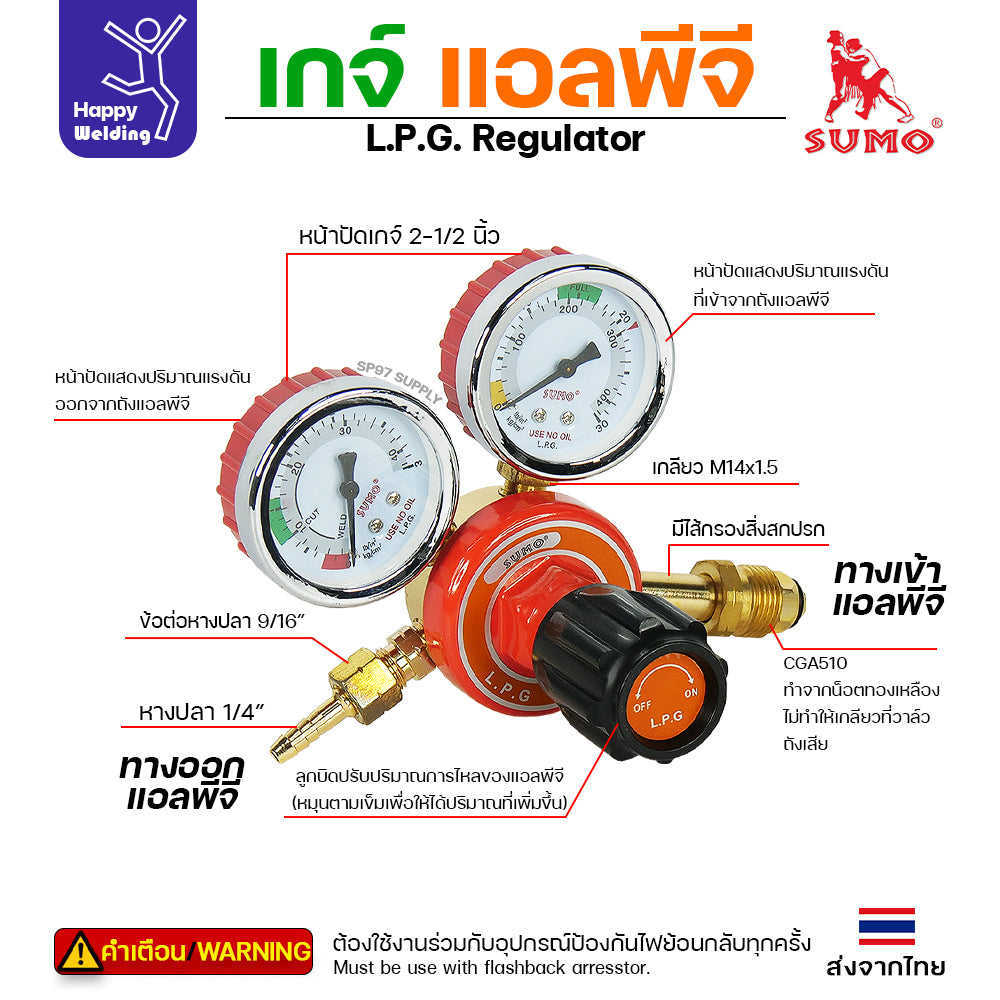 SUMO เกจ์ แอลพีจี LPG Regulator สำหรับ ปรับแรงดันแก๊ส ถังแก๊สหุงต้ม ถังแก๊สงานเชื่อม งานตัดแก๊ส ของซูโม่แท้ 100%
