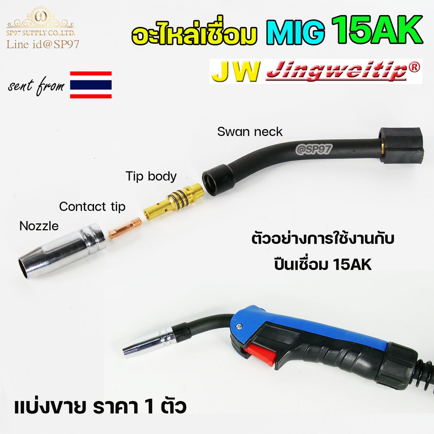 JW อะไหล่ งานเชื่อม เชื่อมมิก MIG 15AK (แบ่งขาย1ตัว) คอนแทคทิพ ทิพบอดี้ นอซเซิล Binze Copper