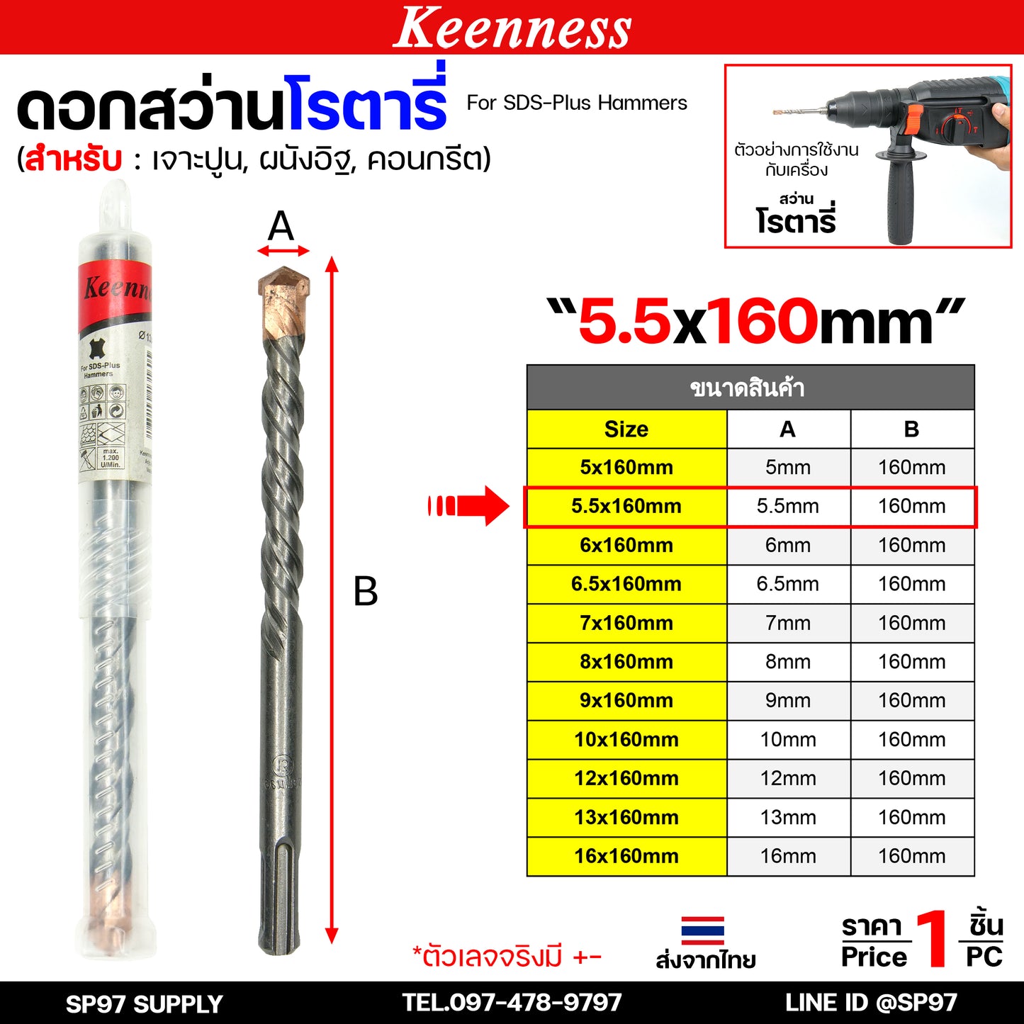 Keenness ดอกสว่านโรตารี่ ดอกโรตารี่ ดอกสว่าน ดอกสว่านเจาะปูน เจาะคอนกรีต ดอกเจาะผนังอิฐ ขนาด ยาว 160 มิล (1ดอก)