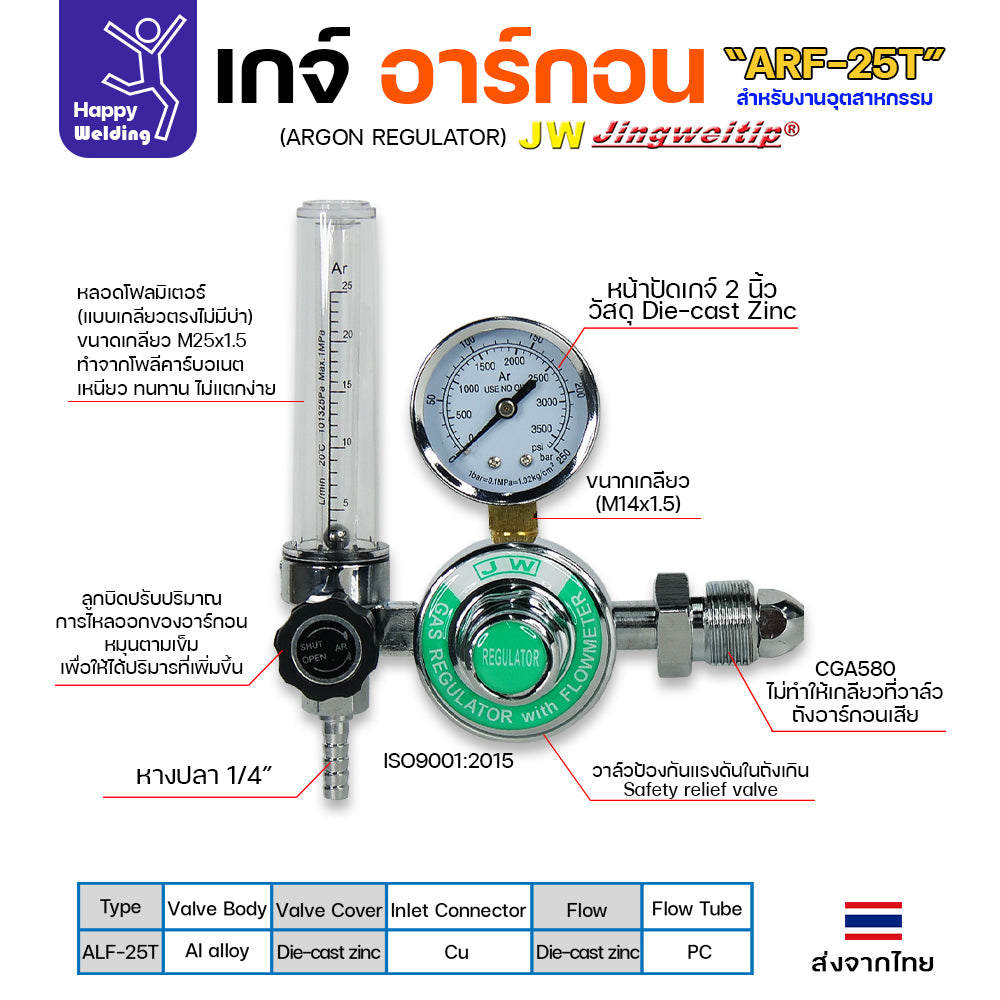 JW เกจ์ อาร์กอน ALF-25T Argon Regulator แบบ หัวเดี่ยว สำหรับงานเชื่อม อาร์กอน #เกจ #อากอน (ราคา1ชิ้น)