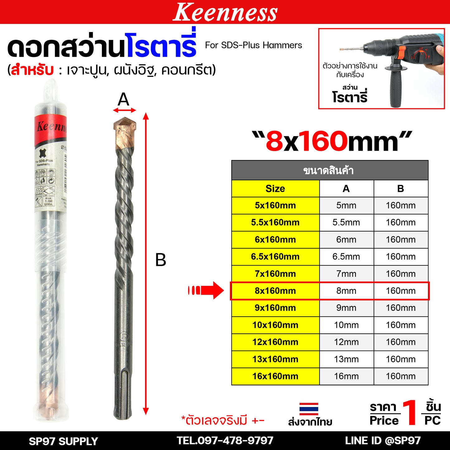 Keenness ดอกสว่านโรตารี่ ดอกโรตารี่ ดอกสว่าน ดอกสว่านเจาะปูน เจาะคอนกรีต ดอกเจาะผนังอิฐ ขนาด ยาว 160 มิล (1ดอก)