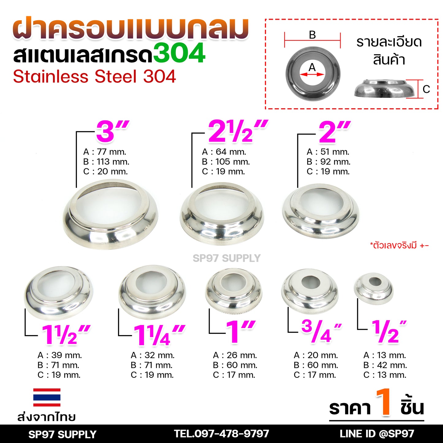 ขายแยก ฝาครอบกลม ฝาครอบสแตนเลส ขนาด 1/2"- 4" ราคาขายปลีก ต่อ 1 ชิ้น สแตนเลส เกรด 304 (เลือกได้จากตัวเลือกสินค้า)