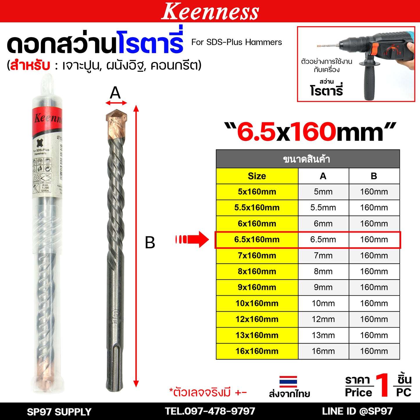Keenness ดอกสว่านโรตารี่ ดอกโรตารี่ ดอกสว่าน ดอกสว่านเจาะปูน เจาะคอนกรีต ดอกเจาะผนังอิฐ ขนาด ยาว 160 มิล (1ดอก)