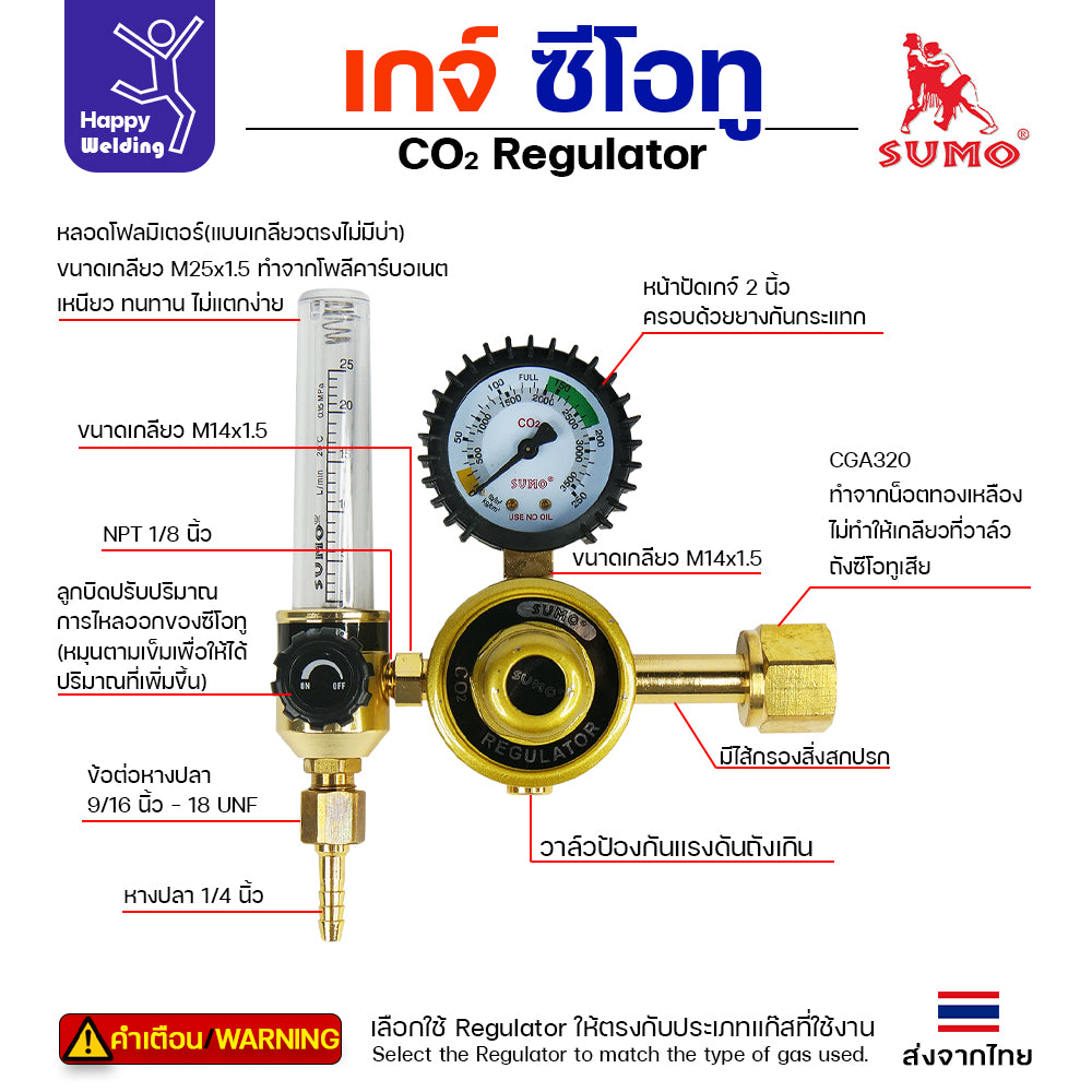 SUMO เกจ์วัดแรงดัน CO2 (เกจ์ซีโอทู) เกรดอุตสาหกรรม มีให้เลือกครบ 3 รุ่น (ธรรมดา / ฮีตเตอร์ 36V / ฮีตเตอร์ 220V)