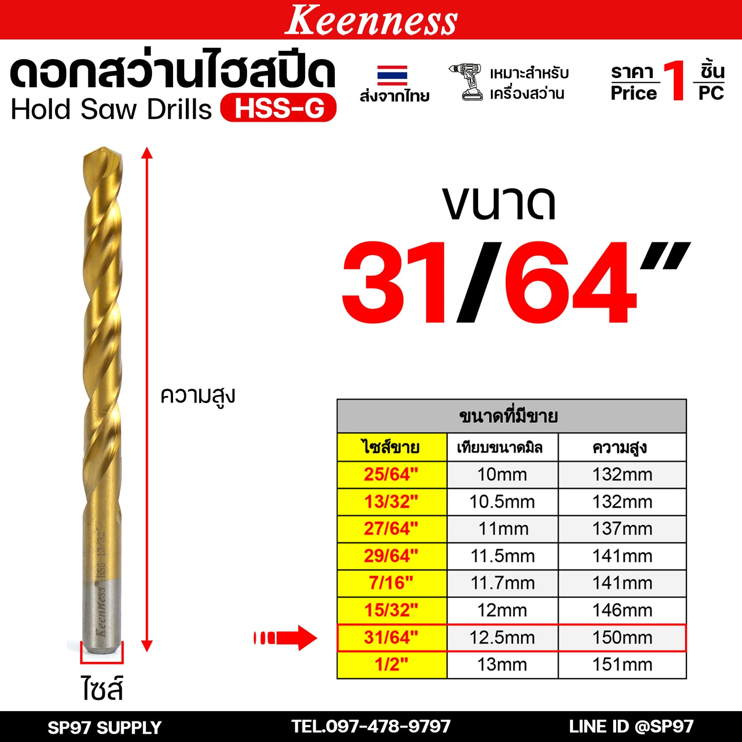Keenness ดอกสว่านเจาะเหล็ก ดอกสว่านไฮสปีด ดอกสว่าน เจาะสแตนเลส ดอกสว่านเหล็กไฮสปีด มีขนาด 25/64-1/2 (1ชิ้น)