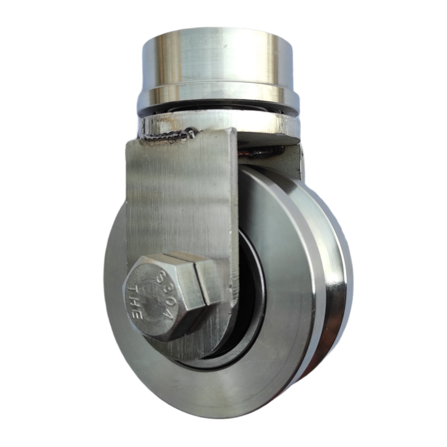 ชุดล้อหมุน เพลาตัน สแตนเลสเกรด304 +ล้อสแตนเลส 3 นิ้ว ร่องกลม สำหรับประตูโค้ง ประตูรถไฟ ประตูพับ ราคา 1 ชุด