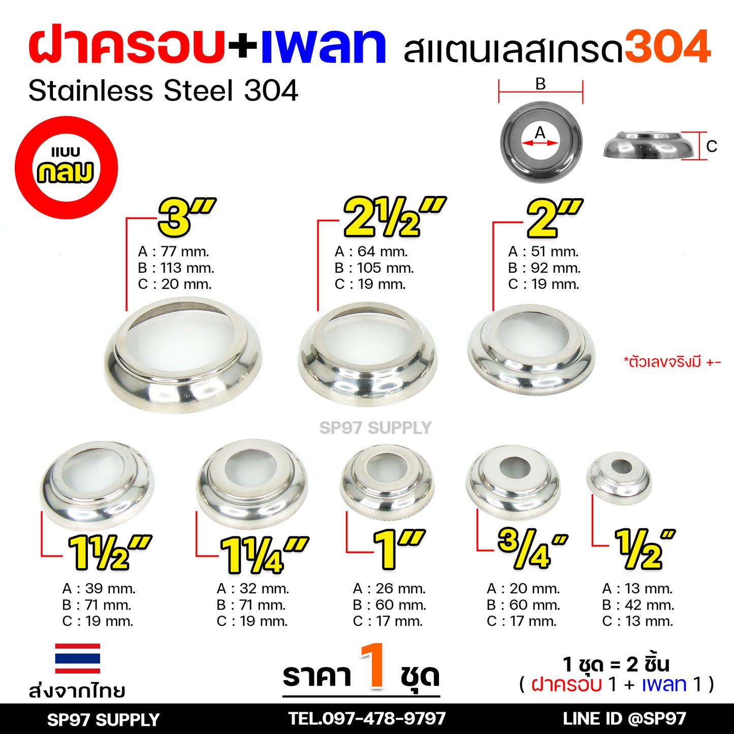 (ราคา1ชุด) ฝาครอบ กลม+เพลทกลม สแตนเลส เกรด304 ใช้สำหรับ ครอบท่อ ตามขนาดต่างๆ (1ชุดมี ฝาครอบ1ตัว+เพลท1ตัว)