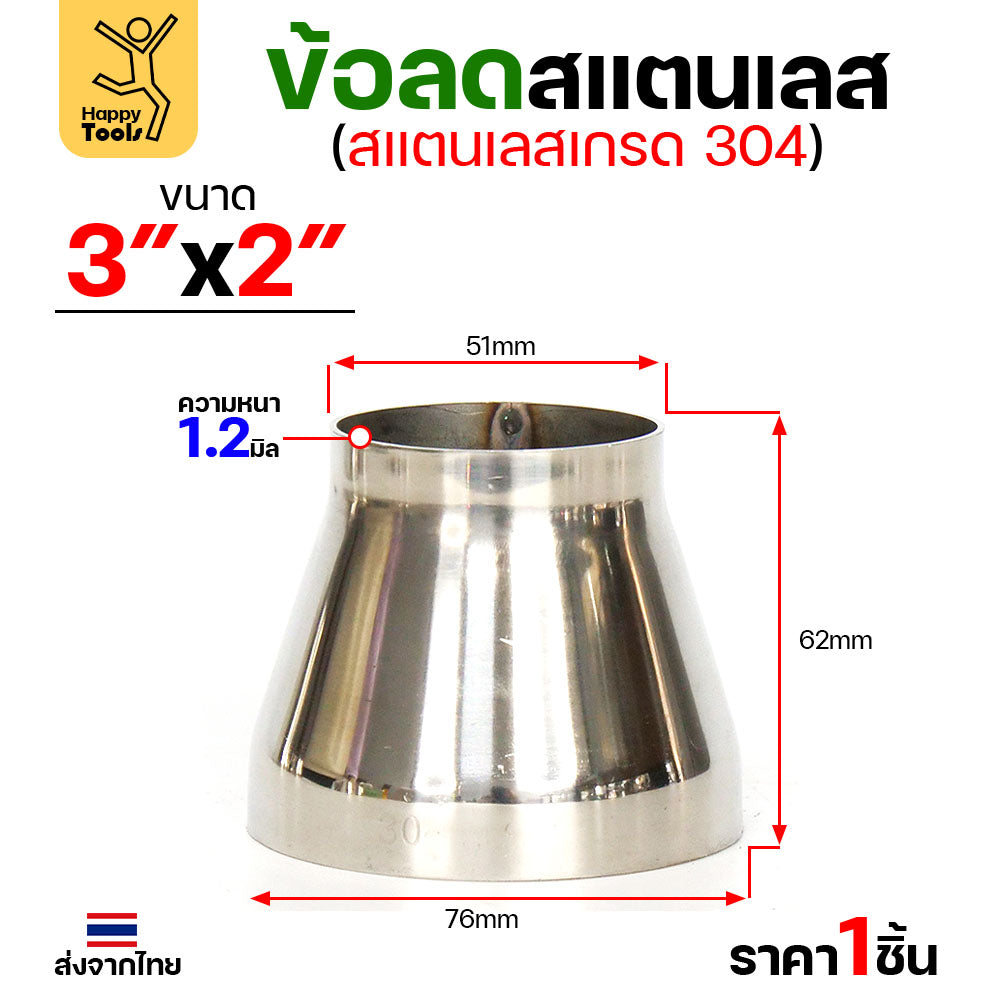 ข้อลด ข้อต่อ สแตนเลส เกรด304 ขนาด 3 นิ้วไป 2 นิ้ว หนา 1.2 มิล ผิวเงา งานเฟอร์นิเจอร์ลดขนาดท่อ มีของพร้อมส่ง