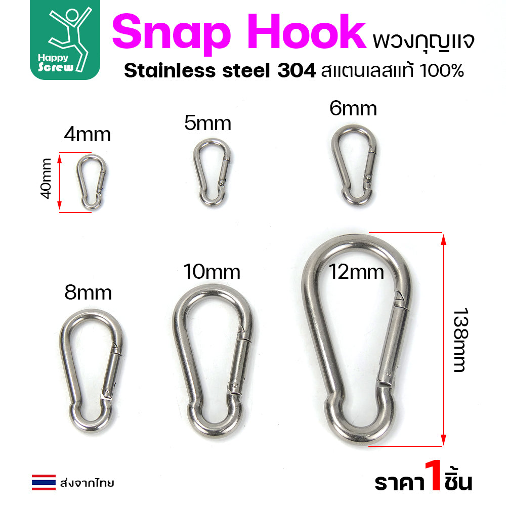 คาราบิเนอร์ สแน็ปลิงค์  ห่วงพวงกุญแจ สแตนเลส 304 แท้ ขนาด 12มม มีสปริงล็อค