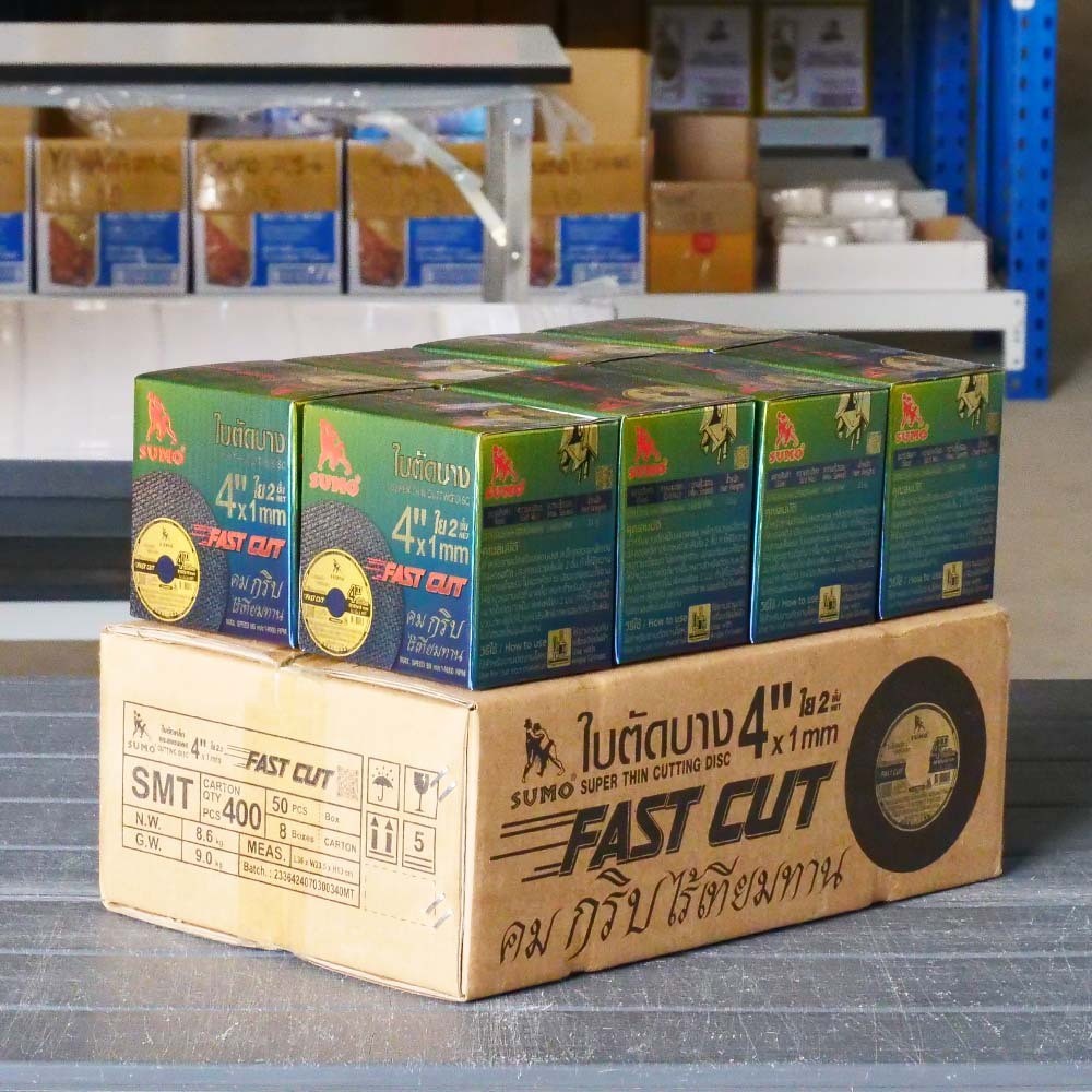 SUMO ซูโม่ FASTCUT (ยกลัง400ใบ) ใบตัดเหล็ก ตัดสแตนเลส 4 นิ้ว   บาง 1 มิล ใย 2 ชั้น ใบตัด 4 นิ้ว เครื่องมือช่าง