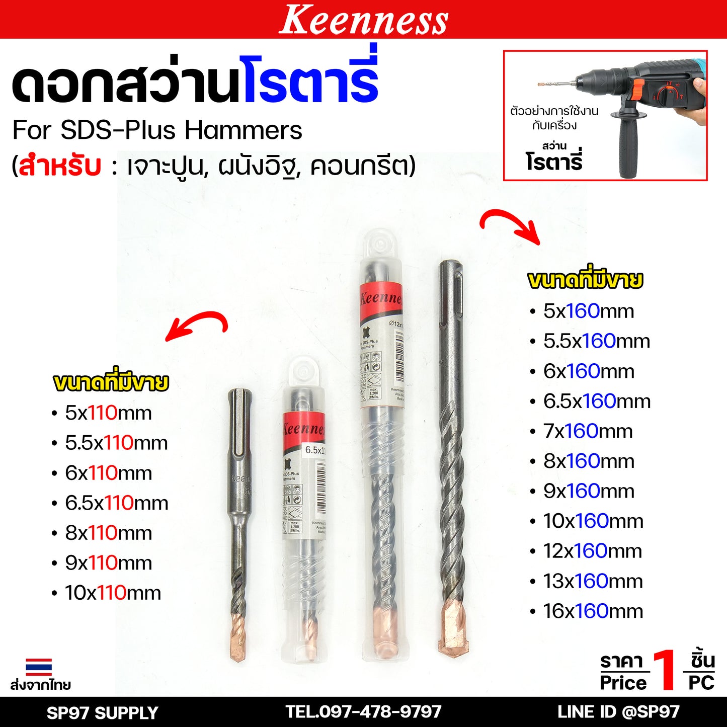 Keenness ดอกสว่านโรตารี่ ดอกโรตารี่ ดอกสว่าน ดอกสว่านเจาะปูน เจาะคอนกรีต ดอกเจาะผนังอิฐ ขนาด 5-16 มิล (1ดอก)