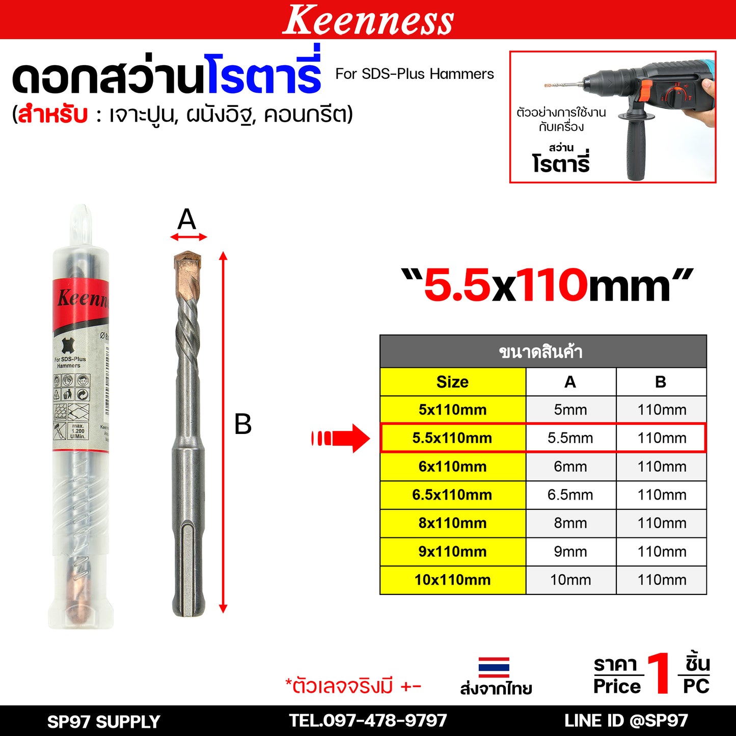 Keenness ดอกสว่านโรตารี่ ดอกโรตารี่ ดอกสว่าน ดอกสว่านเจาะปูน เจาะคอนกรีต ดอกเจาะผนังอิฐ ขนาด 5-16 มิล (1ดอก)