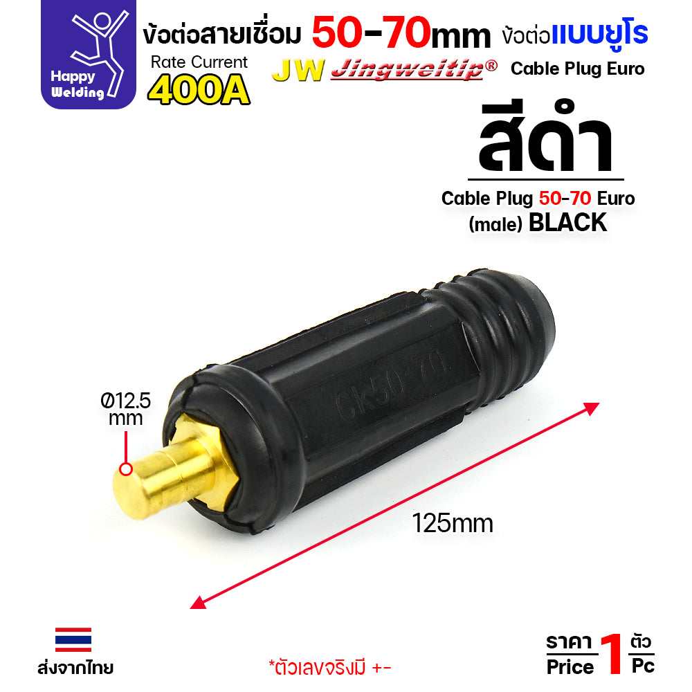 ข้อต่อสายเชื่อม / ข้อต่อหน้าตู้เชื่อม แบบยูโร (Euro Type) ยี่ห้อ JW สีดำ ขนาด 50-70 sq.mm (รุ่น 400A)