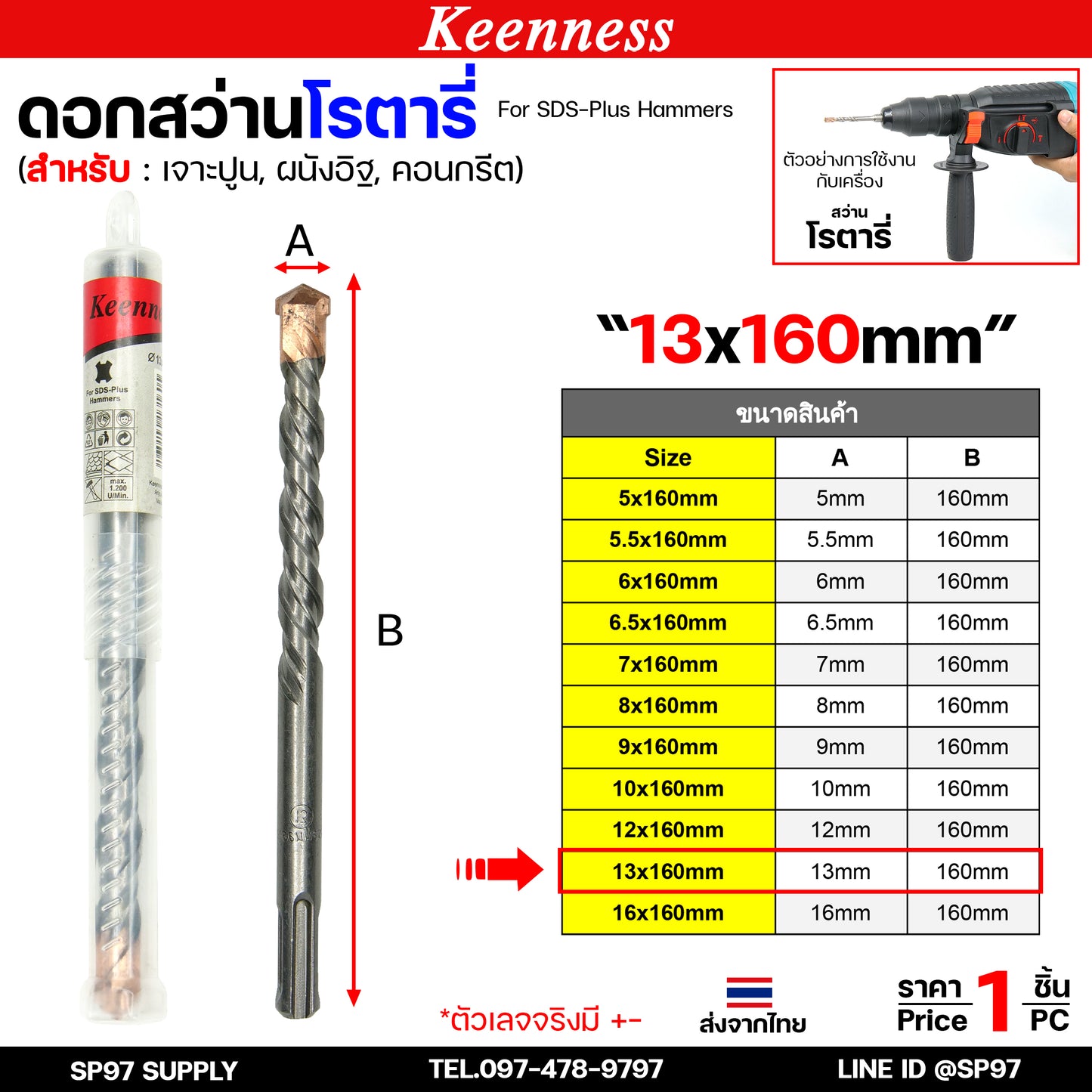 Keenness ดอกสว่านโรตารี่ ดอกโรตารี่ ดอกสว่าน ดอกสว่านเจาะปูน เจาะคอนกรีต ดอกเจาะผนังอิฐ ขนาด ยาว 160 มิล (1ดอก)