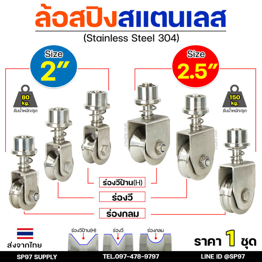 รวม ล้อสปริง ล้อหมุน360องศา ล้อสแตนเลส เกรด304 สำหรับ ประตูบ้าน ประตูโค้ง ประตูพับ (ราคา 1 ลูก)