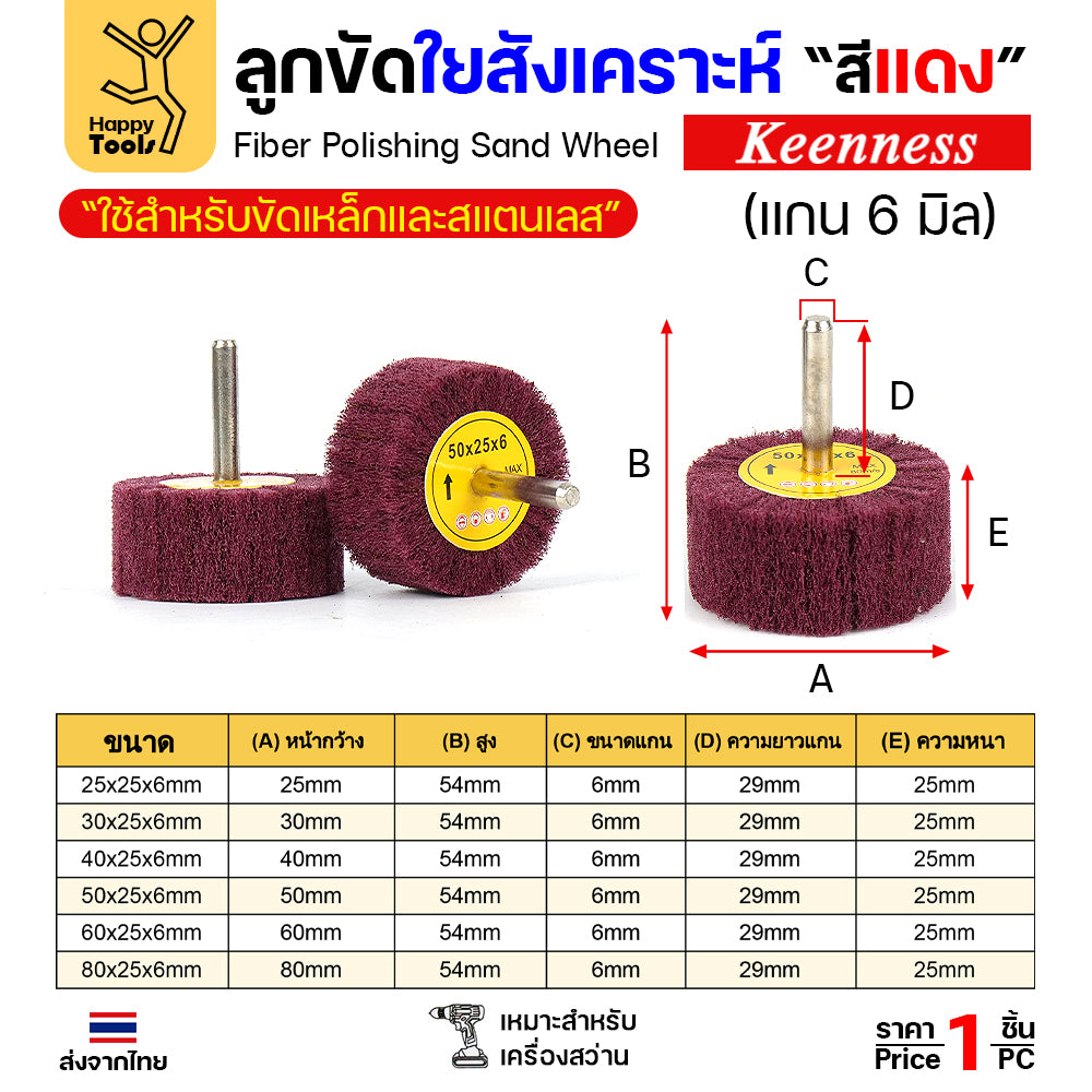 ล้อใยสังเคราะห์มีแกน ล้อทรายมีแกน เนื้อสีแดงล้วน แกน 6mm เลือกขนาดได้ ขัดเหล็ก สแตนเลส ไม้ อลูมิเนียม พลาสติก ไฟเบอร์กลาส