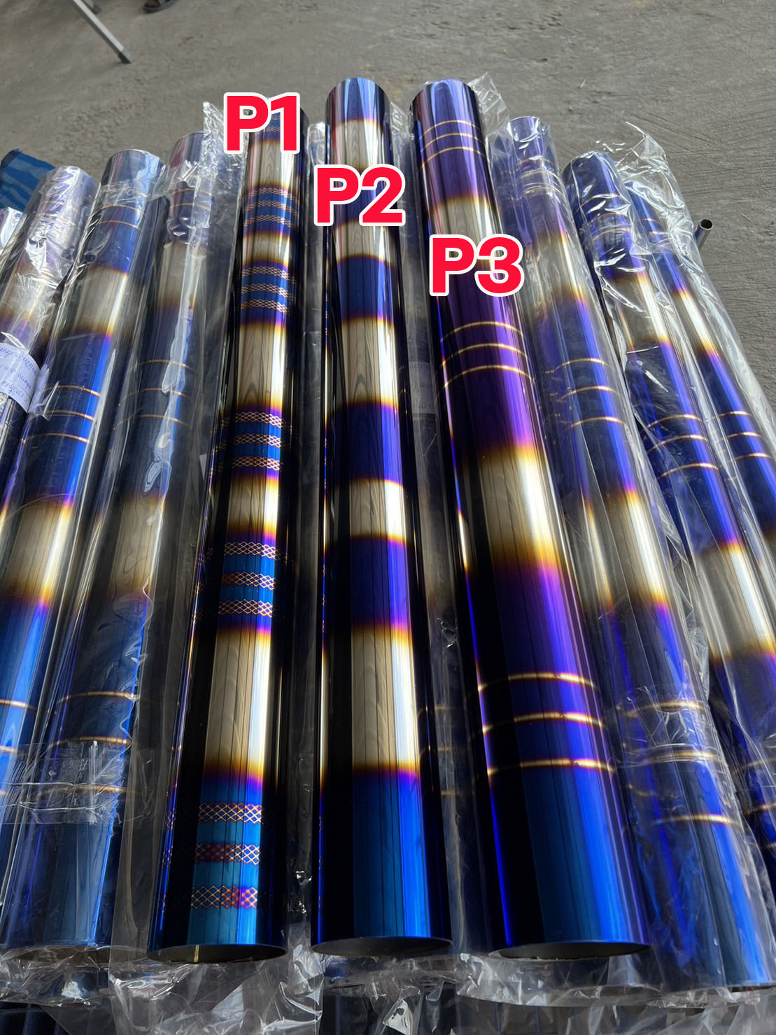 (ไซส์ใหญ่ หนา1.5มิล ) ท่อสแตนเลส เกรด304 ท่อสี ไดร์สีไทเทเนียม พันลาย ท่อน้ำเงิน ท่อไดส์สี ความยาว 1 เมตร ขนาด 3.5นิ้ว-4นิ้ว