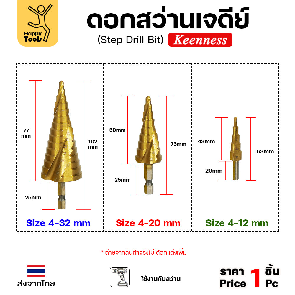 Keenness ดอกสว่านสเต็บ 4-20mm ดอกสว่านทรงเจดีย์ ดอกสว่านเจดีย์ สีทองเคลือบไทเทเนียม เจาะเหล็ก เจาะสแตนเลส