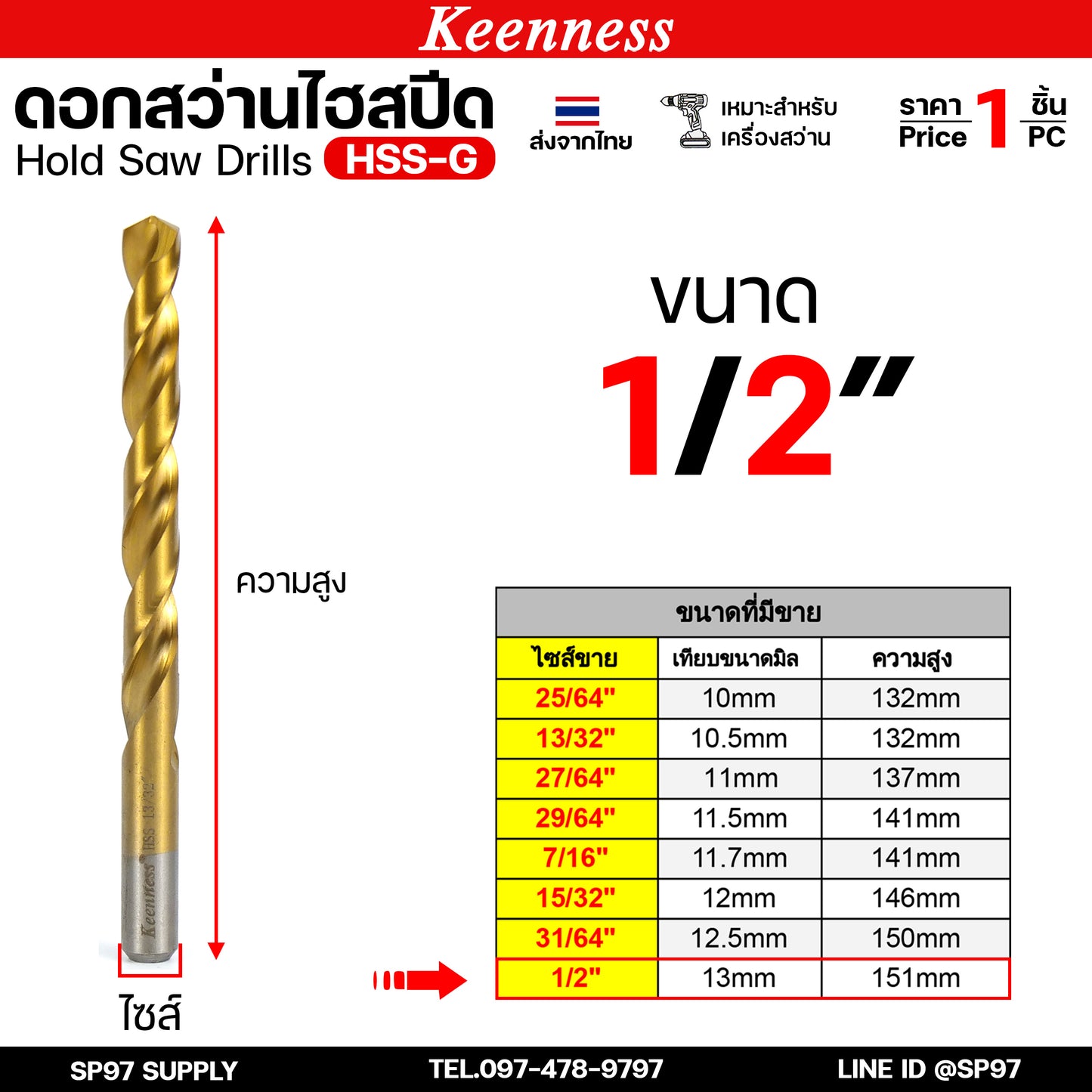 Keenness ดอกสว่านเจาะเหล็ก ดอกสว่านไฮสปีด ดอกสว่าน เจาะสแตนเลส ดอกสว่านเหล็กไฮสปีด มีขนาด 25/64-1/2 (1ชิ้น)
