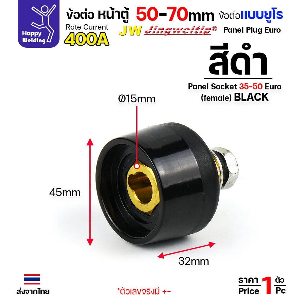 ข้อต่อสายเชื่อม / ข้อต่อหน้าตู้เชื่อม แบบยูโร (Euro Type) ยี่ห้อ JW สีดำ ขนาด 50-70 sq.mm (รุ่น 400A)
