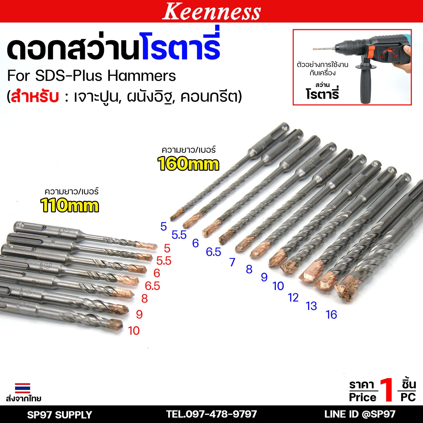 Keenness ดอกสว่านโรตารี่ ดอกโรตารี่ ดอกสว่าน ดอกสว่านเจาะปูน เจาะคอนกรีต ดอกเจาะผนังอิฐ ขนาด 5-16 มิล (1ดอก)