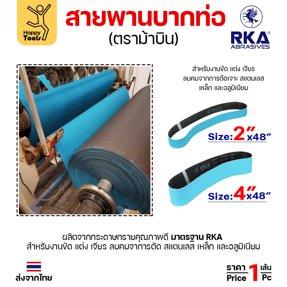 RKA (ม้าบิน) สายพานบากท่อ สีฟ้า 2นิ้ว/4นิ้ว เบอร์36 งานบากท่อเหล็ก สแตนเลส ต่อชนท่อโค้ง ลับคม
