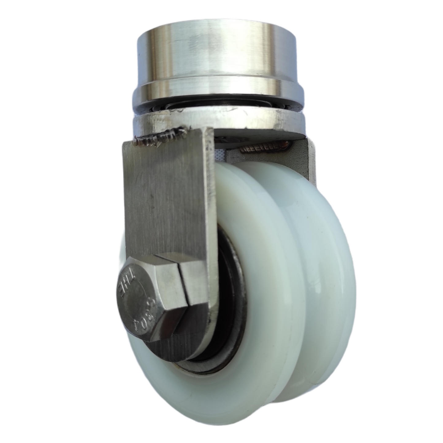 ชุดล้อหมุน เพลาตัน สแตนเลสเกรด304 +ล้อซุปเปอร์ลีน 3 นิ้ว หมุน 360 องศา สำหรับประตูโค้ง ประตูรถไฟ ประตูพับ ราคา 1 ชุด