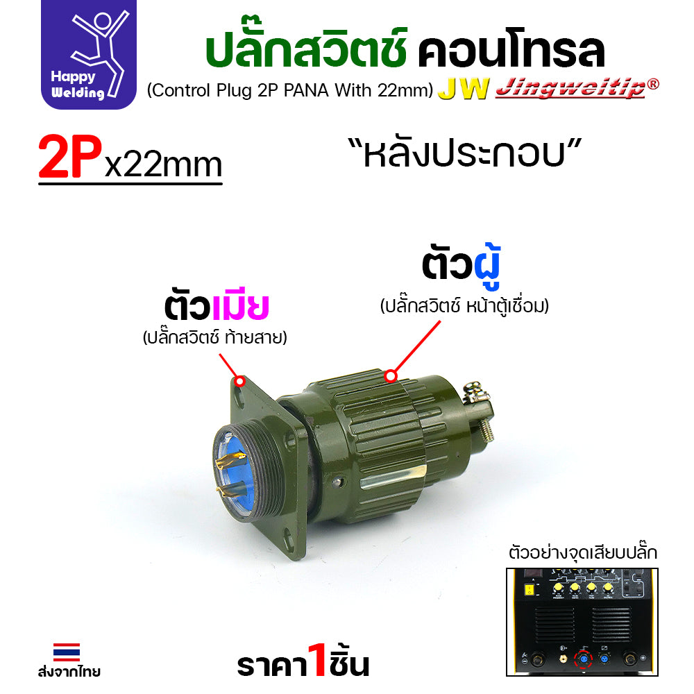 (อะไหล่ตู้เชื่อม)ข้อต่อสวิตช์ปลั๊ก สีเขียว หน้าตู้เชื่อม 2ขา สำหรับตู้เชือมอาร์กอนรุ่นกลาง พวก250PACDC (Air plug 2 ขา สีเขียว)