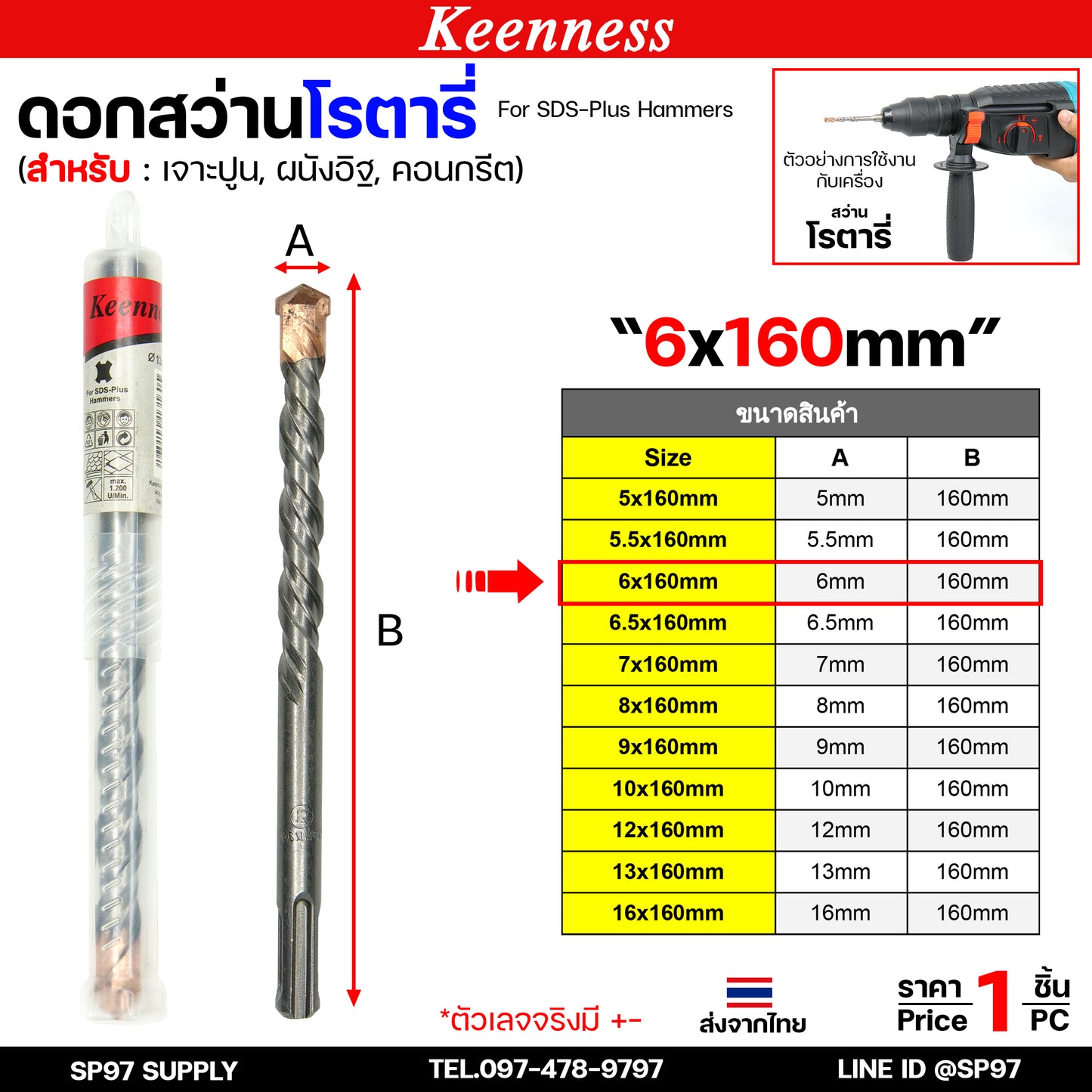 Keenness ดอกสว่านโรตารี่ ดอกโรตารี่ ดอกสว่าน ดอกสว่านเจาะปูน เจาะคอนกรีต ดอกเจาะผนังอิฐ ขนาด ยาว 160 มิล (1ดอก)