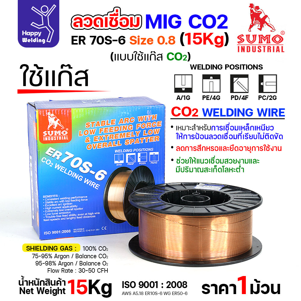 SUMO ลวดเชื่อม MIG CO2 ER70S-6 0.8mm (15โล) เชื่อมมิก เชื่อมคาร์บอน เชื่อมซีโอทู