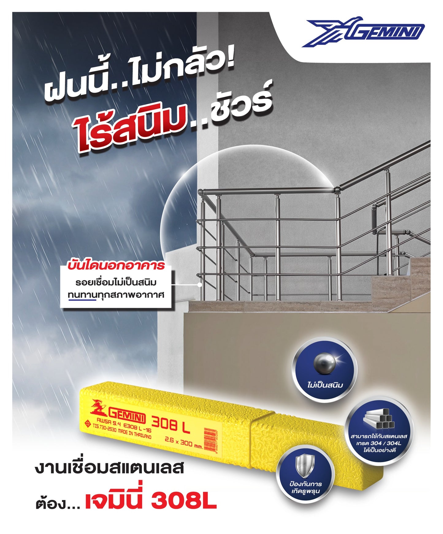 Gemini เจมินี่ ลวดเชื่อม สแตนเลส 308L (กล่องละ 1 กิโลกรัม) เชื่อมสแตนเลส ไร้ตามด ไม่เป็นสนิม มีขนาด 2.0, 2.6, และ 3.2 ของแท้ 100%