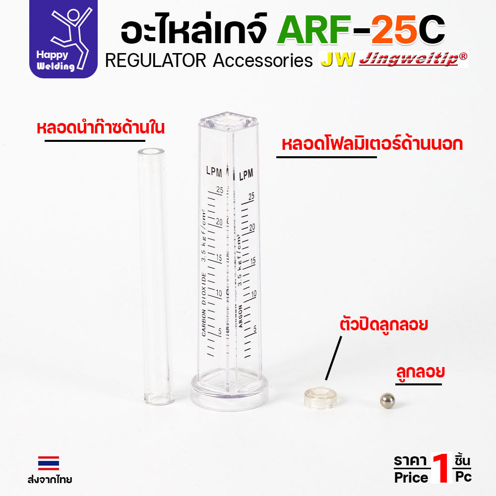 อะไหล่เกจ์อาร์กอน JW รุ่น ARF-25C (Argon Gauge Spare Parts) หลอดโฟลว์มิเตอร์ หน้าปัดวัดแรงดัน และตัวต่อวาวล์ถัง