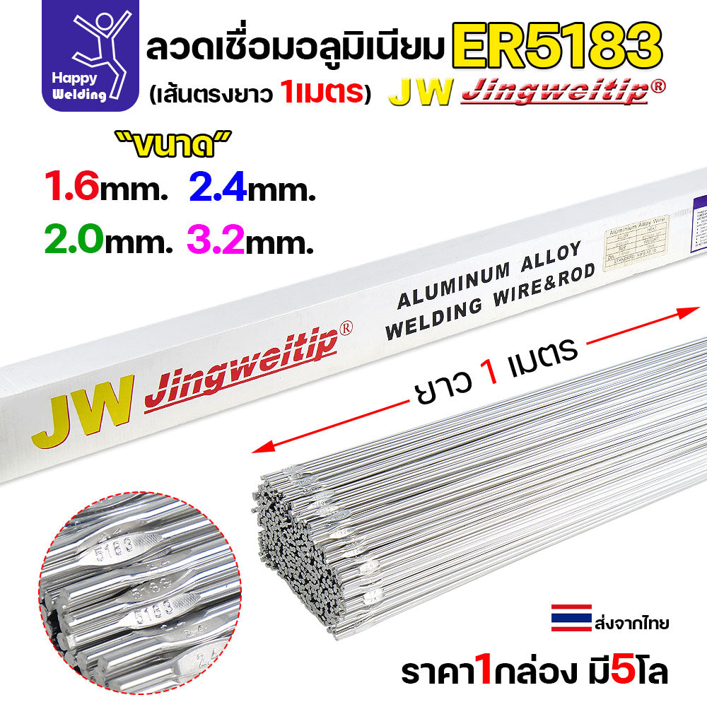 (ยกกล่อง 5 กิโล) JW ลวดเชื่อม ลวดเติม อลูมิเนียม TIG ROD ยาว1เมตร เกรด 4043 / 5356 / 4047 / 5183 ราคาถูก พิเศษ